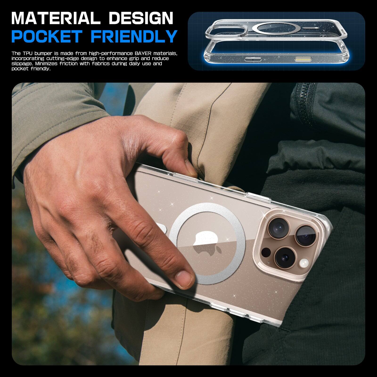 **Material Design: Pocket Friendly**

The TPU bumper is made from high-performance BAYER materials, incorporating cut-and-edge design to enhance grip and reduce slippage. It minimizes friction with fabrics during daily use and is pocket-friendly.