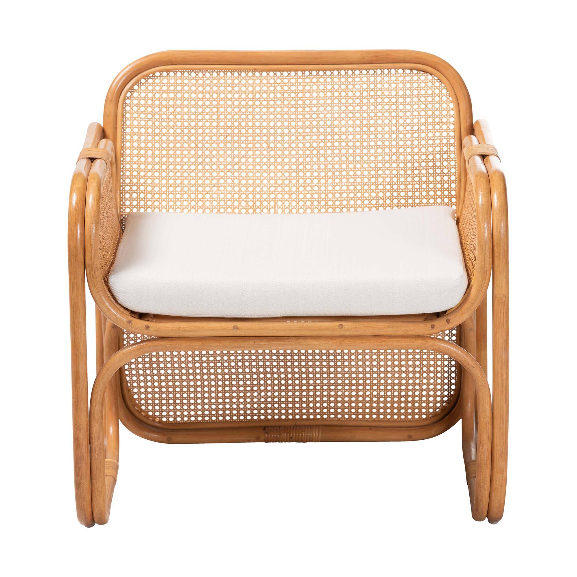 Angle. bali & pari - Cambridge Natural Rattan Armchair - Handcrafted Lounge Chair with Cushion, Rounded Frame with Cane Woven Panels - Light Honey.