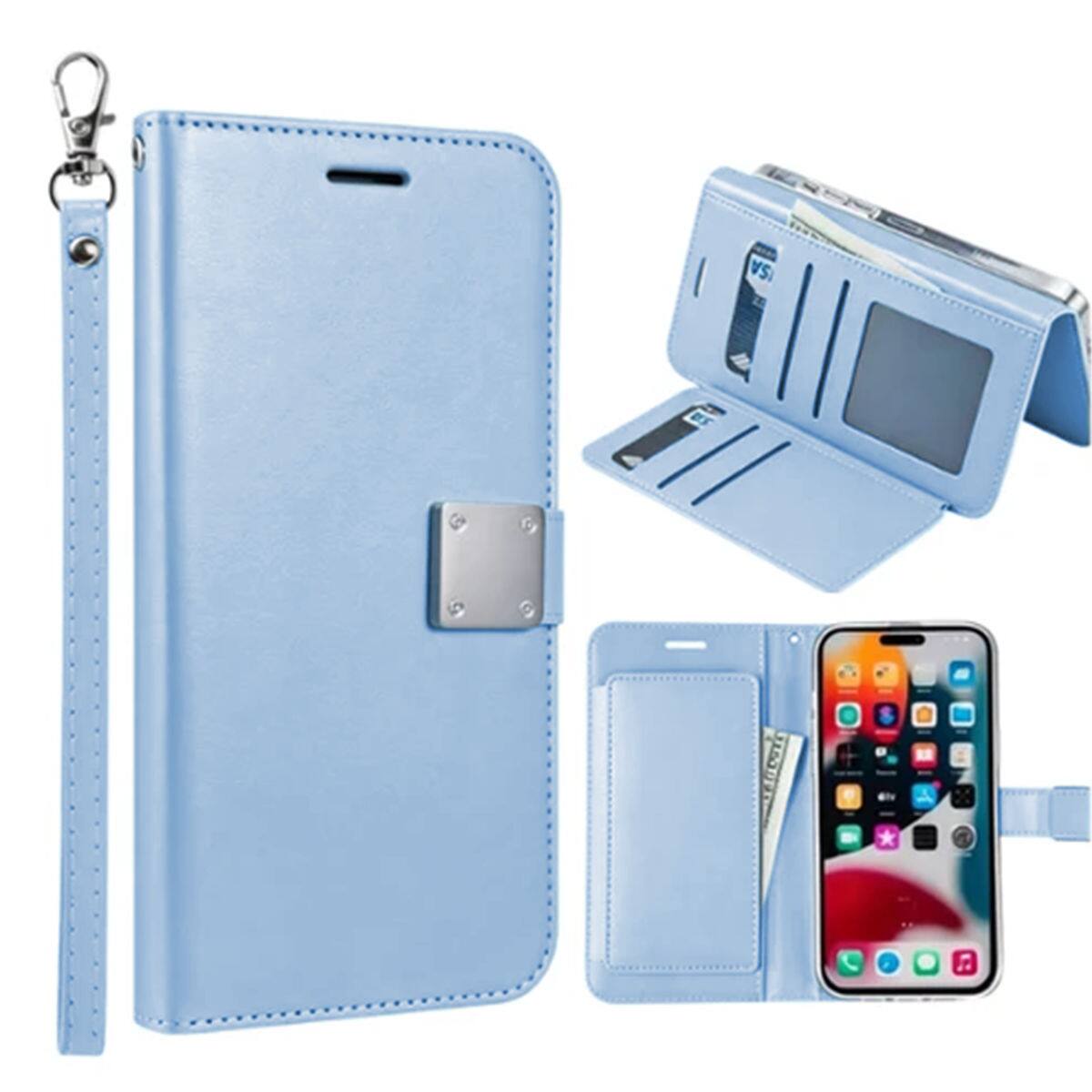 Front. Entronix - Entronix Case Compatible with iPhone 18 Pro - Foldable Leather Wallet, Card Holder & Lanyard - Baby Blue.