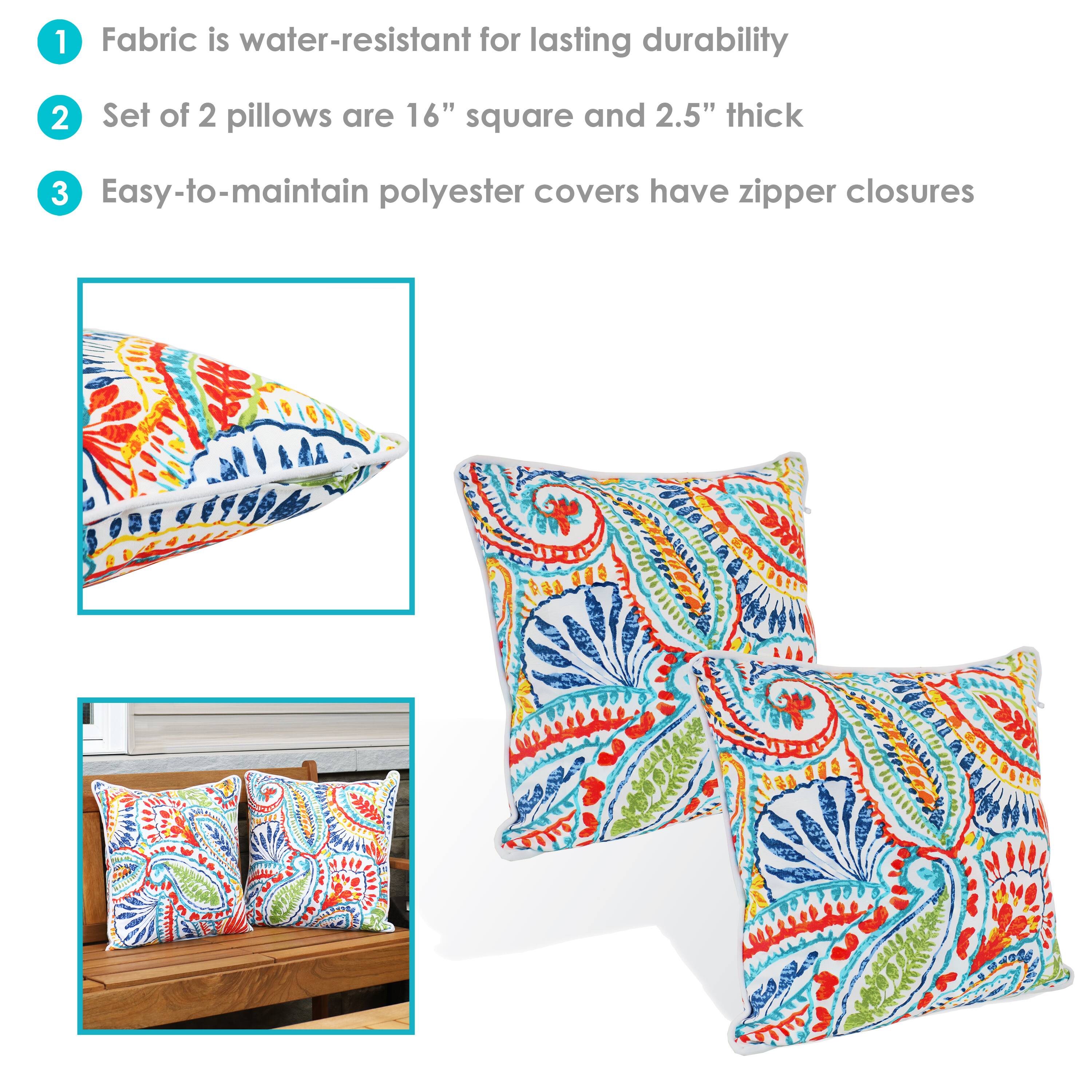 1. Fabric is water-resistant for lasting durability  
2. Set of 2 pillows are 16" square and 2.5" thick  
3. Easy-to-maintain polyester covers have zipper closures