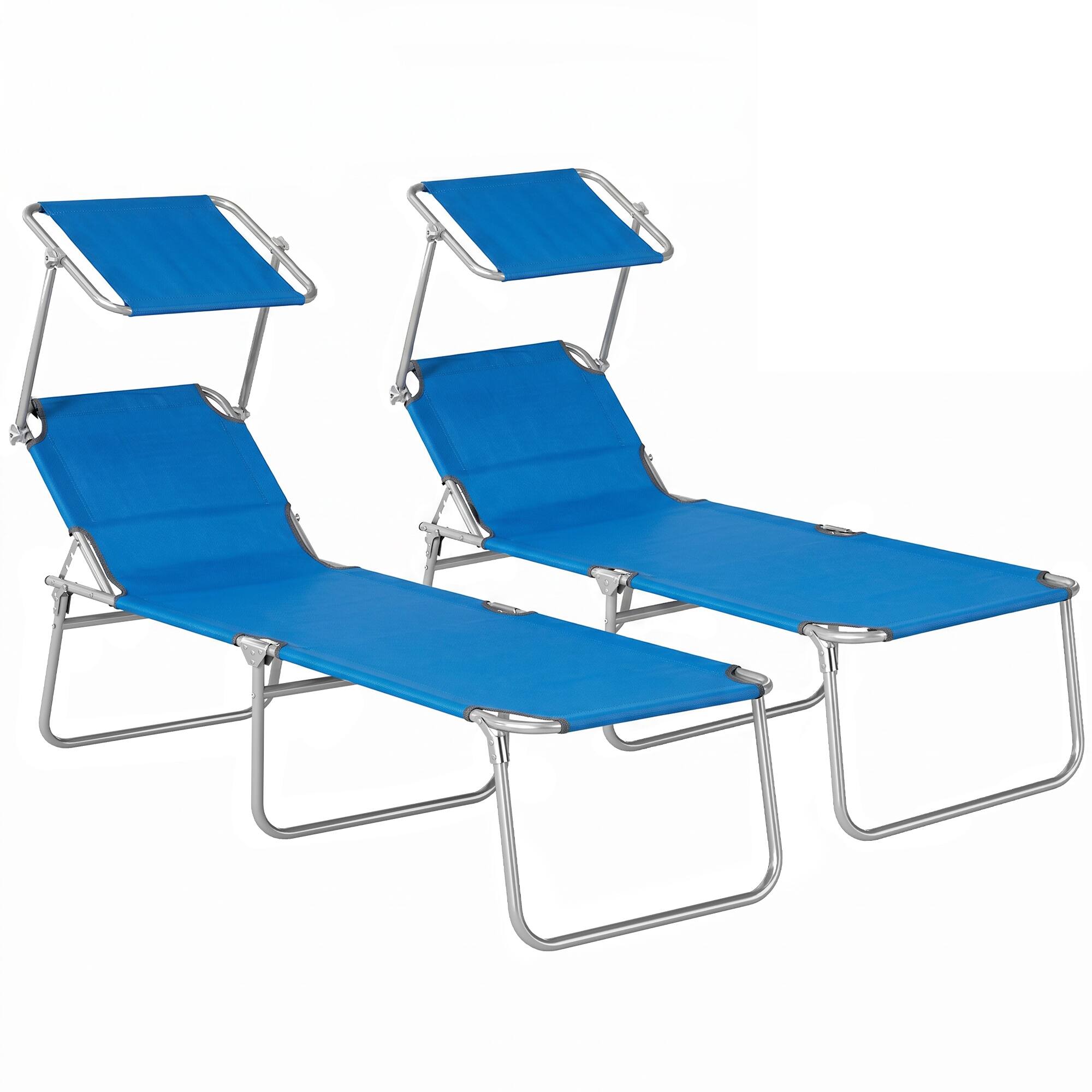 Front. Outsunny - Lounge Chairs Set of 2 Adjustable Folding Beach Chairs Sun Shade Blue for Camping - Blue.