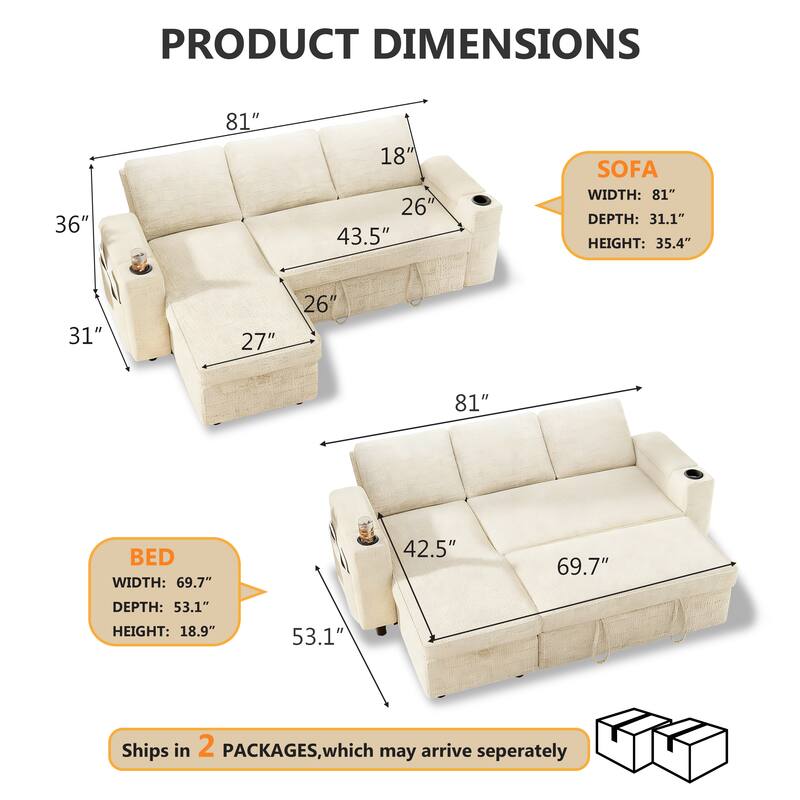 PRODUCT DIMENSIONS

SOFA
- WIDTH: 81"
- DEPTH: 31.1"
- HEIGHT: 35.4"

BED
- WIDTH: 69.7"
- DEPTH: 53.1"
- HEIGHT: 18.9"

Ships in 2 PACKAGES, which may arrive separately