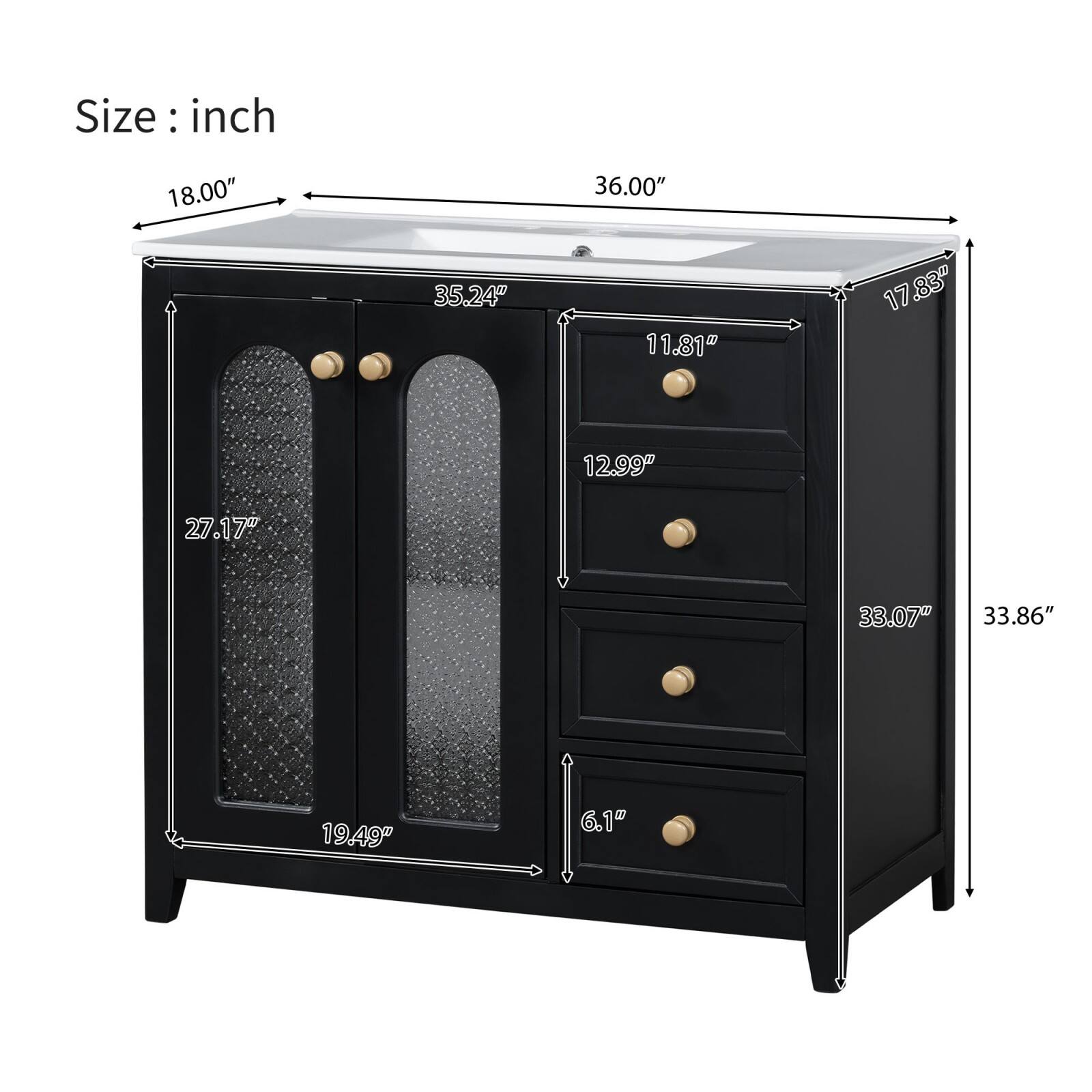 Size: inch  
18.00"  
36.00"  
35.24"  
11.81"  
17.83"  
12.99"  
27.17"  
33.07"  
33.86"  
19.49"  
6.1"