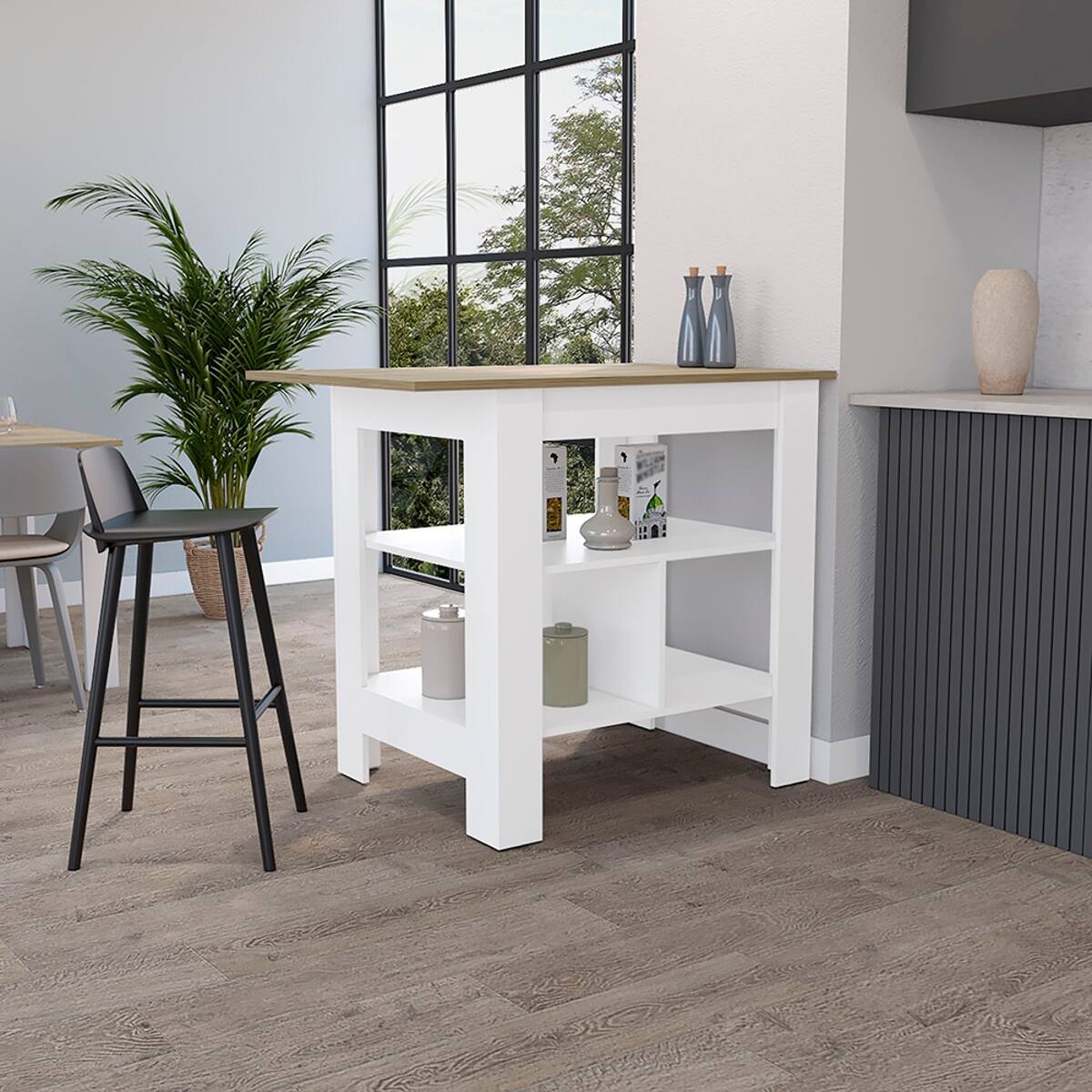 Front. Loheer - Loheer Beige Modern Kitchen Island Stationary Kitchen Island With Shelves Rectangular - Beige.