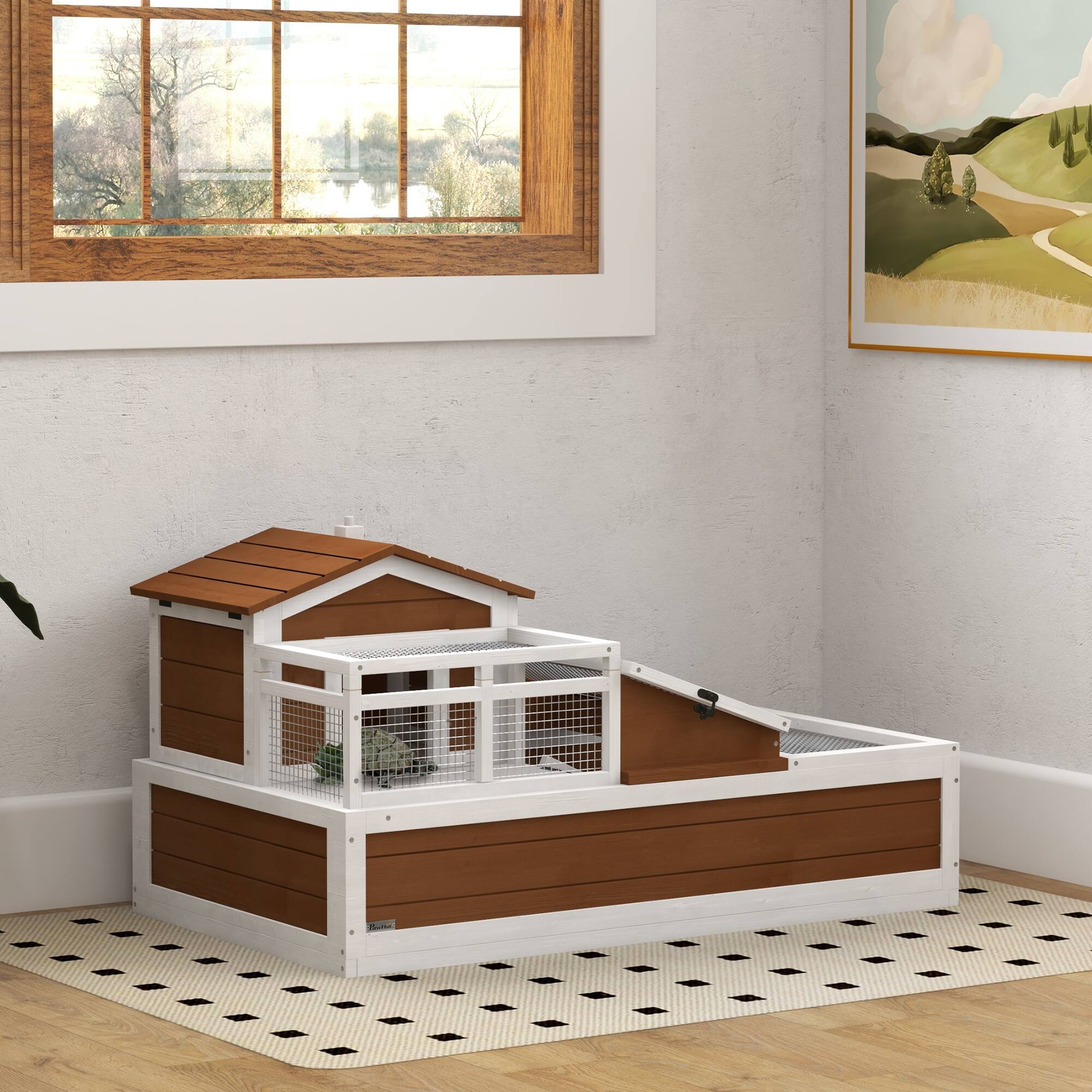 Angle. Pawhut - 3-Room Tortoise House Habitat with Balcony, 2 Stories, Wooden Enclosure, Ladder, Tray, Openable Roof.