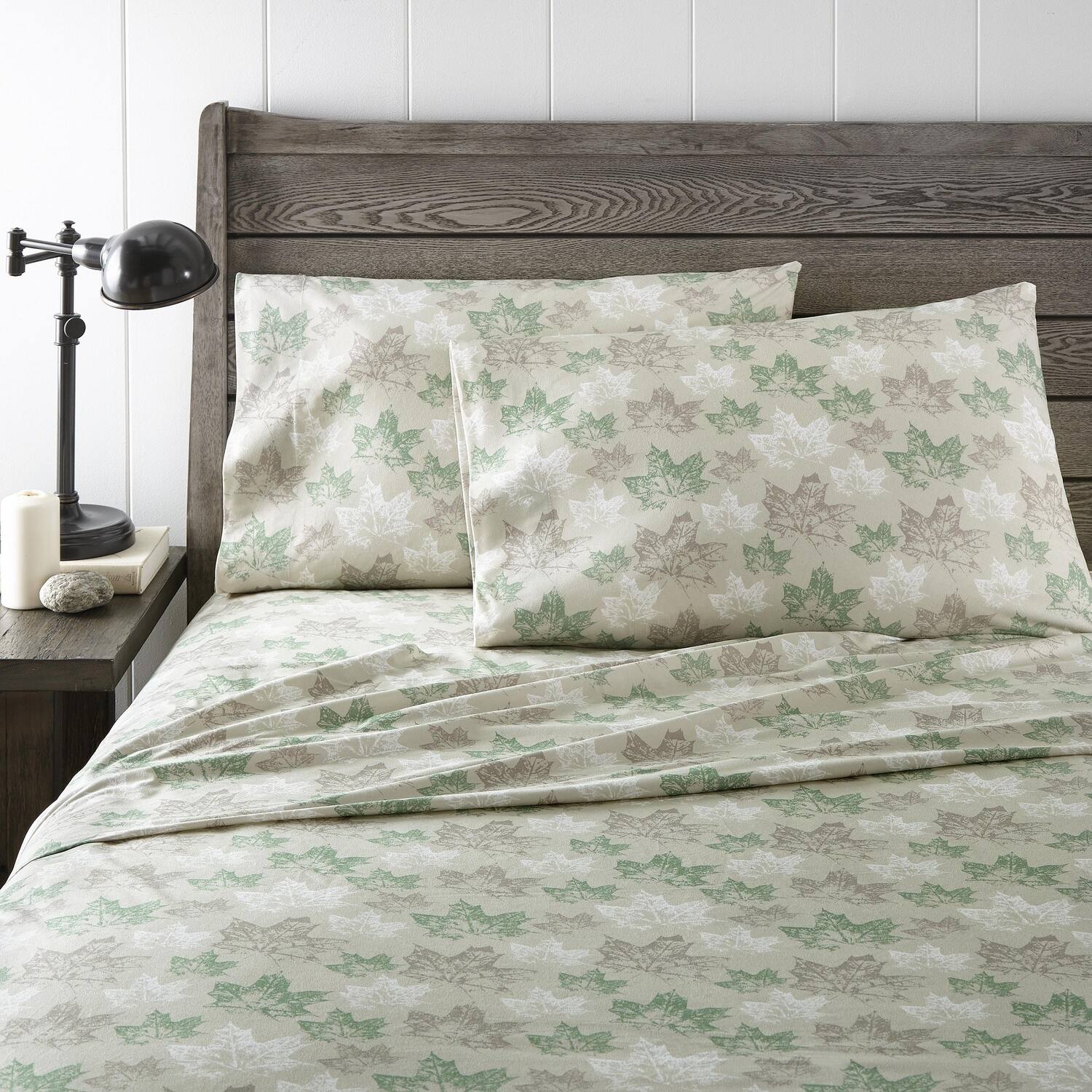Angle. Shavel Home Products - Shavel 100% Polyester Luxury Micro Flannel Printed Deep-Pocket Maple Leaves Sheet Set Queen Tan - Tan.