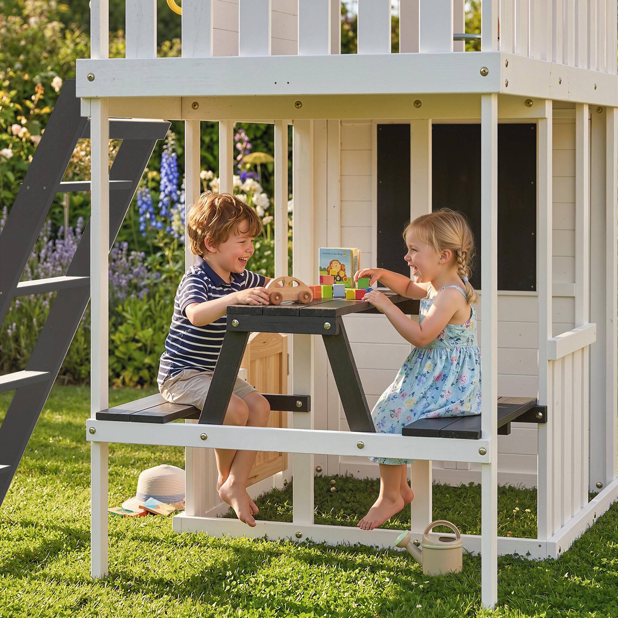Alt View 8. Qaba - Outdoor Playhouse, Wooden Kids Playhouse with Slide, Table & Bench, Play Kitchen, Ladder - White.