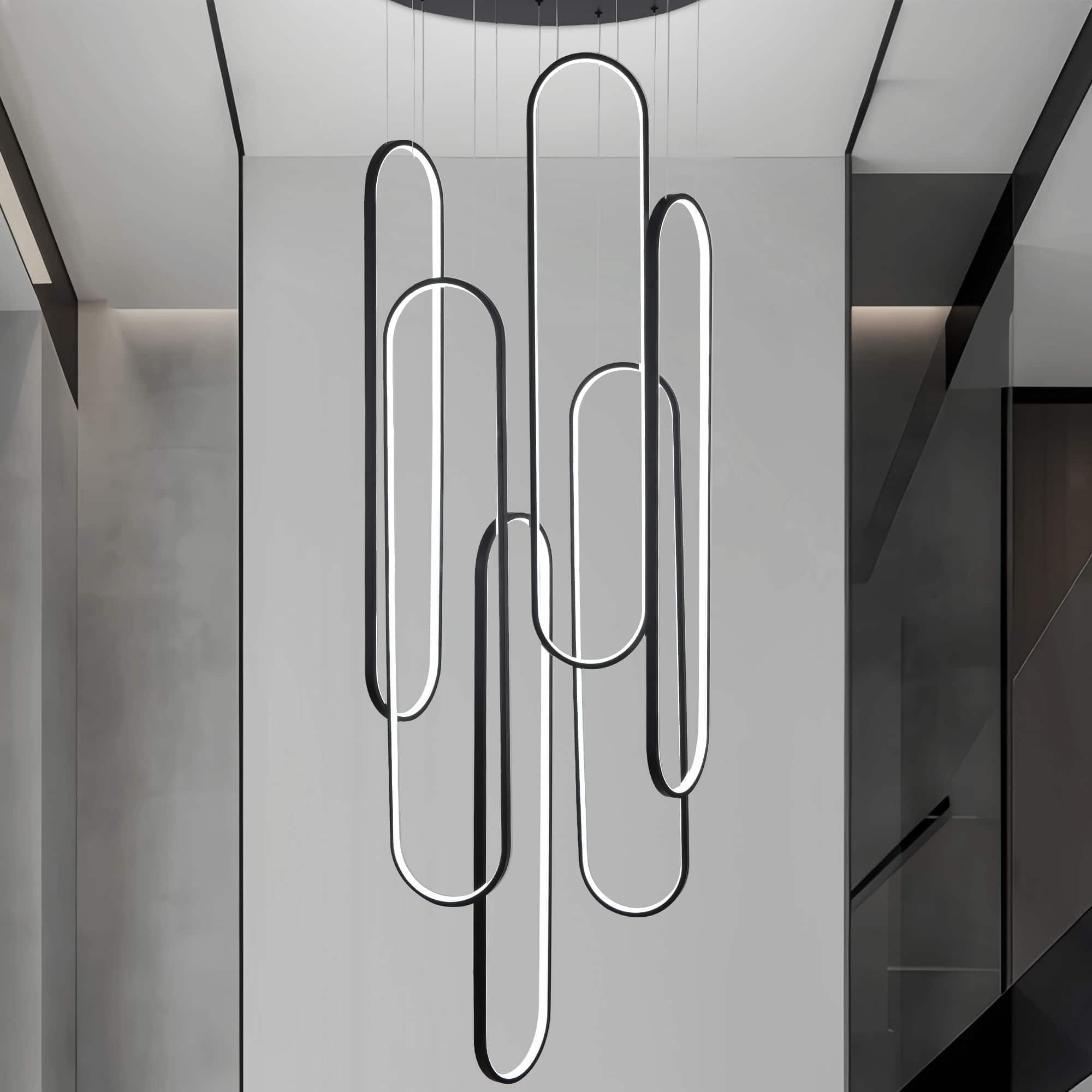 Front. RYHNUYNE - 6-Ring Modern LED Dimmable Pendant Light Fixture,Black Large High Ceiling Chandelier,Contemporary Light for Staircase - Black.