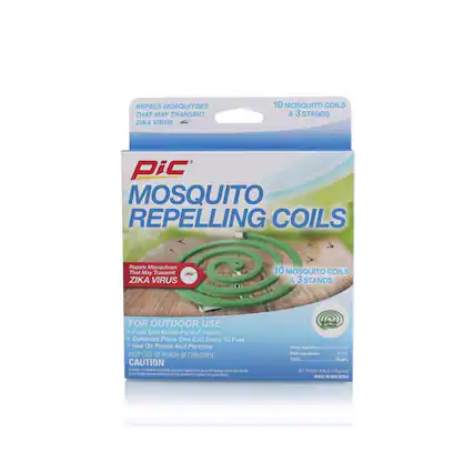 REPELS MOSQUITOES THAT MAY TRANSMIT ZIKA VIRUS
10 MOSQUITO COILS & 3 STANDS
PiC MOSQUITO REPELLING COILS
Repels Mosquitoes That May Transmit ZIKA VIRUS
10 MOSQUITO COILS & 3 STANDS FOR OUTDOOR USE
Each Coil Burns For 5-7 Hours Outdoors
Place One Coil Every 10 Feet
Use On Patios And Porches
KEEP OUT OF REACH OF CHILDREN
CAUTION
Active Ingredient: Pyrethrum Extract 1.8%
Other Ingredients: 98.2%
TOTAL MT WEHT 4 E n
MADE IN MALAYSIA