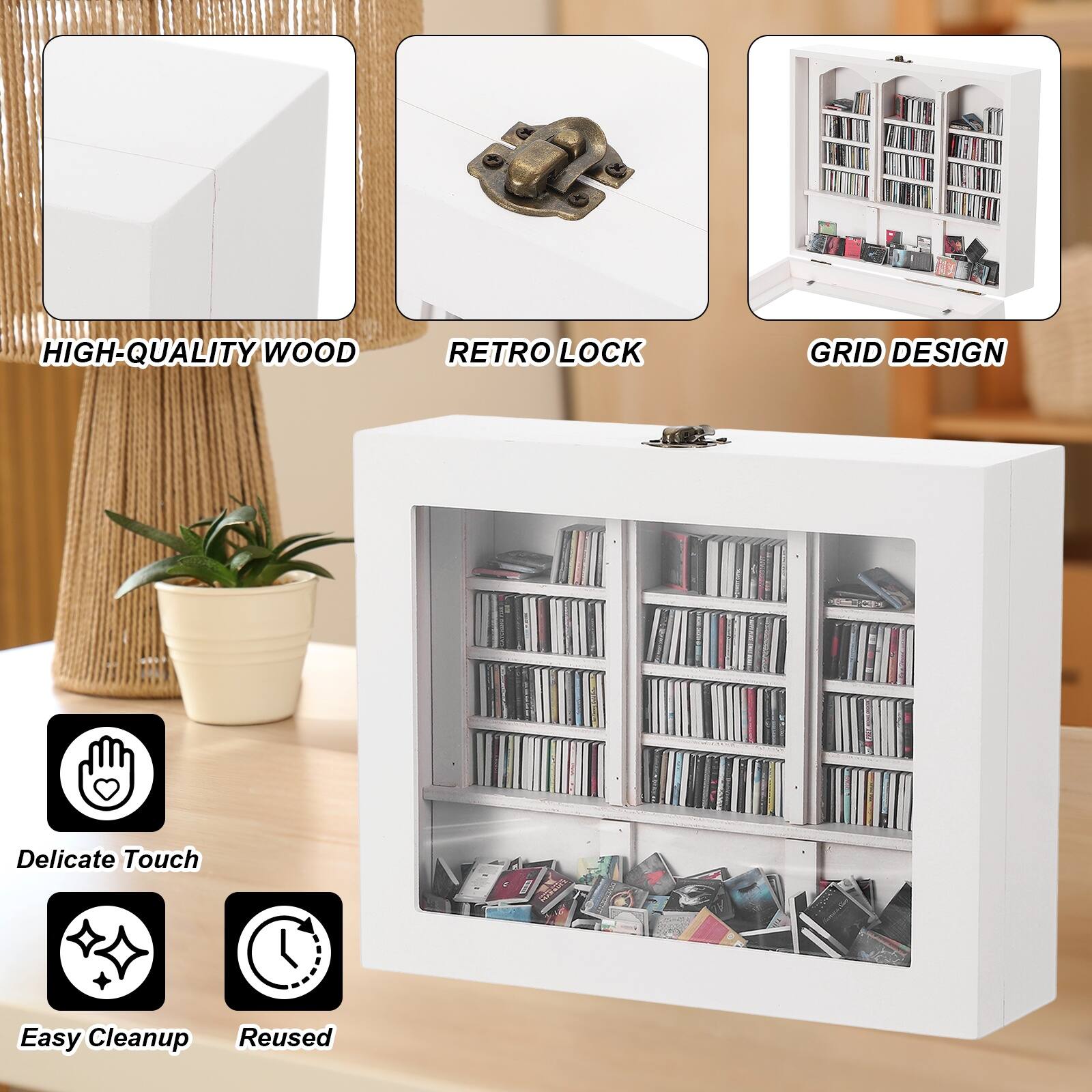 HIGH-QUALITY WOOD  
RETRO LOCK  
GRID DESIGN  

Delicate Touch  
Easy Cleanup  
Reusable