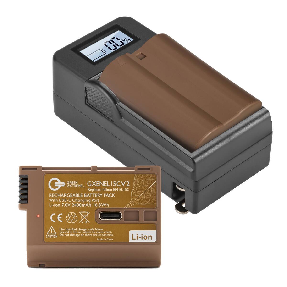 00% %  
GREEN GXENELI5CV2 EXTREME 38 Replaces Nikon EN-EL15C RECHARGEABLE BATTERY PACK With USB-C Charging Port Li-ion 7.0V 2400mAh 16.8Wh  
CE Use specified charger only. Never discard in fire or subject to excess heat. Do not damage or short circuit contacts. CAUTION Made in China  
Li-ion
