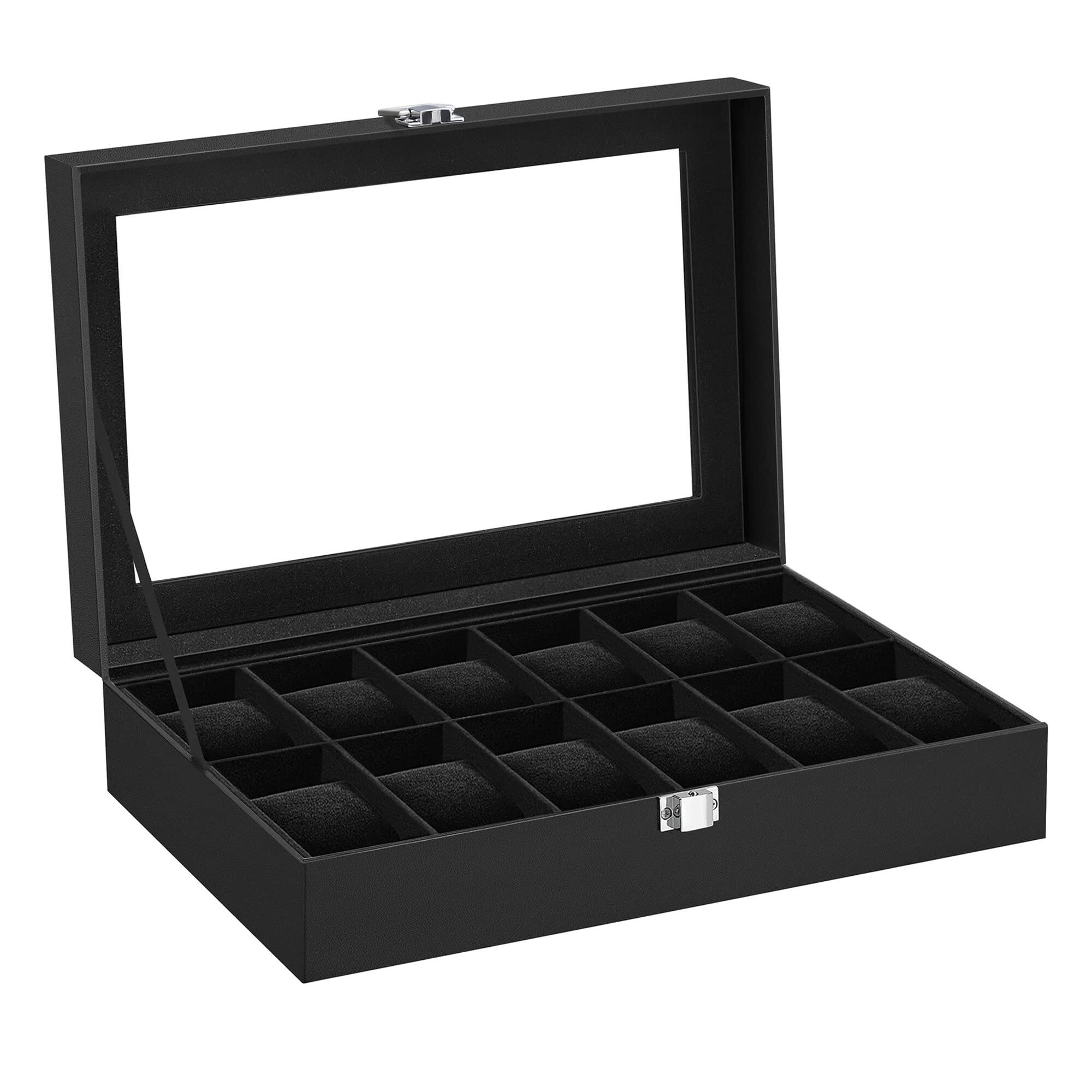 Back. Songmics Home - 12-Slot Watch Box with Large Glass Lid  Black Synthetic Leather with Wine Red Lining - Black.