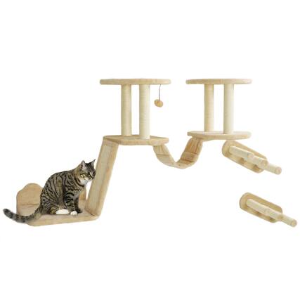 Front. Pawhut - Cat Wall Shelves, 3 PCs Wall Mounted, Scratching Post, Perches, Ladder, Steps, Board, Furniture, Indoor Cats/Kitten - Beige.