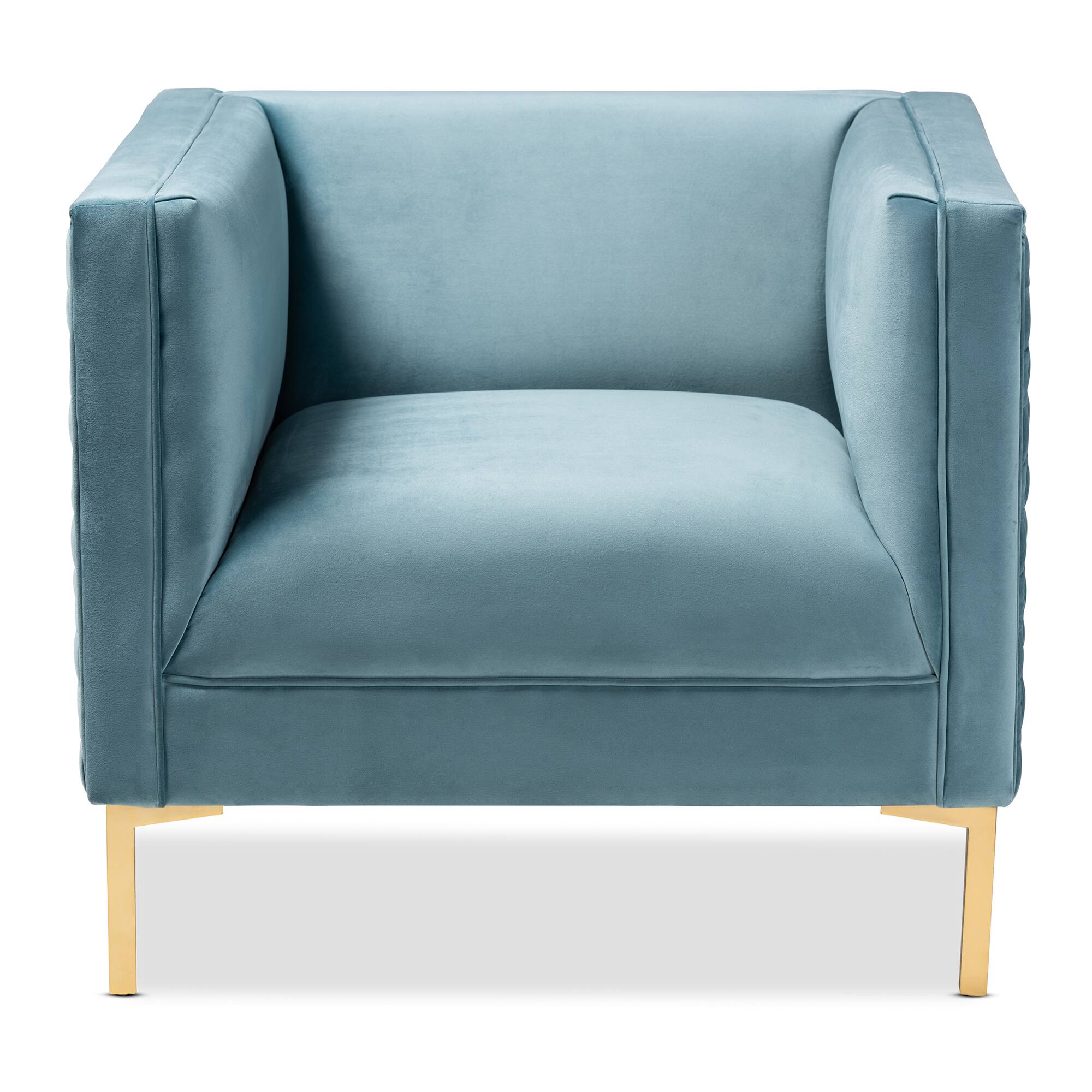 Angle. Baxton Studio - Seraphin Glam and Luxe Velvet Fabric Upholstered Gold Finished Armchair - Light Blue/Gold.