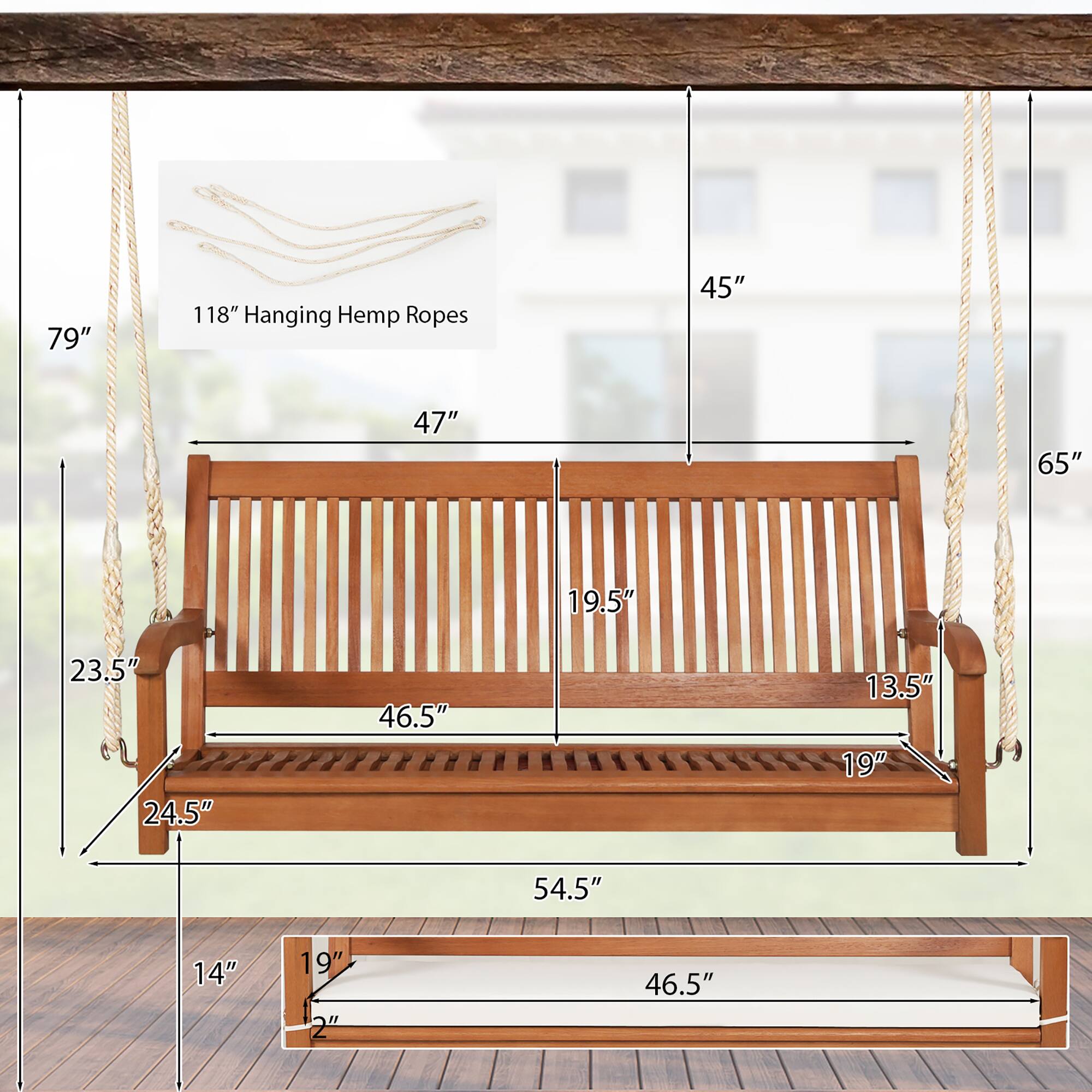 Alt View 2. Gymax - Gymax 2-Seat Patio Hanging Wooden Porch Swing Bench w/ Cushion & Hanging Ropes - Natural.