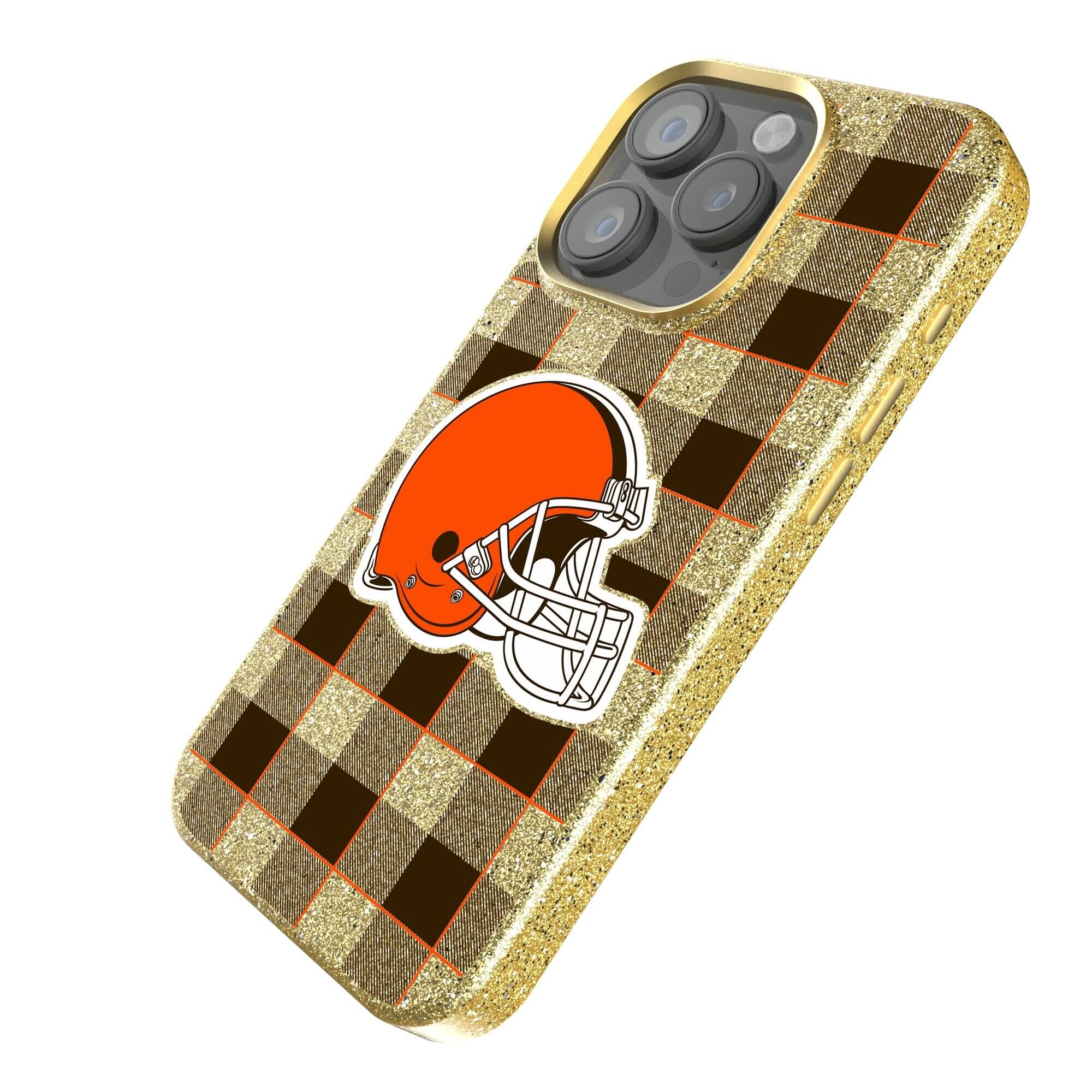 Alt View 1. Keyscaper - Cleveland Browns Plaid Bling iPhone Case - 16 Pro - Gold.