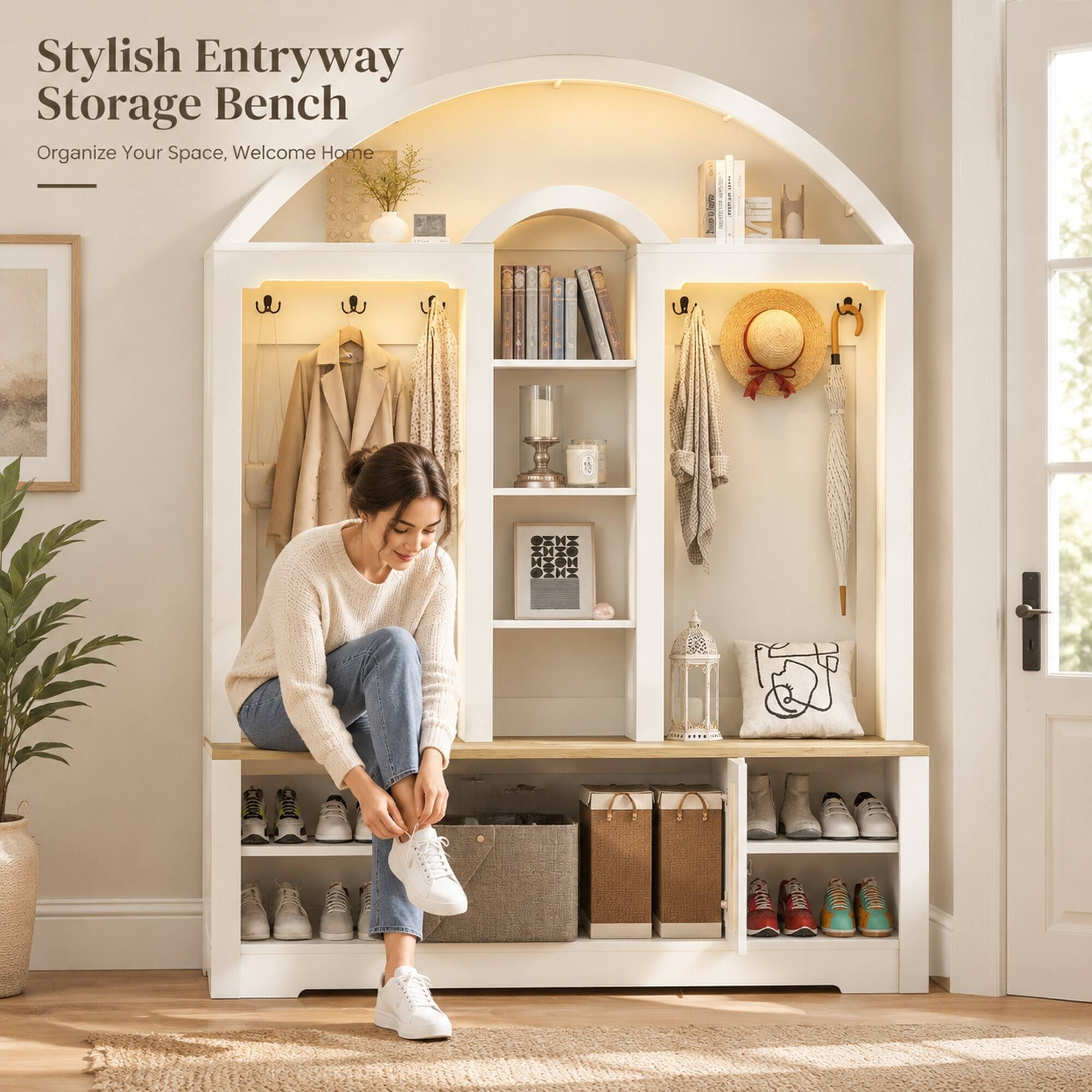 RYHNUYNE Curved Hall Tree Wardrobe, MDF Entryway Storage Cabinet, 59 in ...