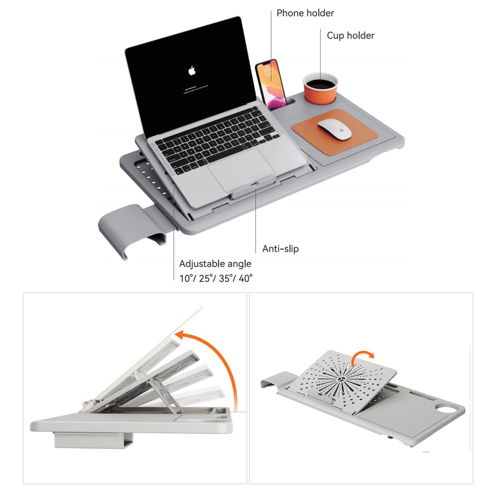 Newtral - LAPD Detachable Laptop Table with Adjustable Stand, Mouse Holder, and Cup Holder for Ergonomic Office Chair - Gray