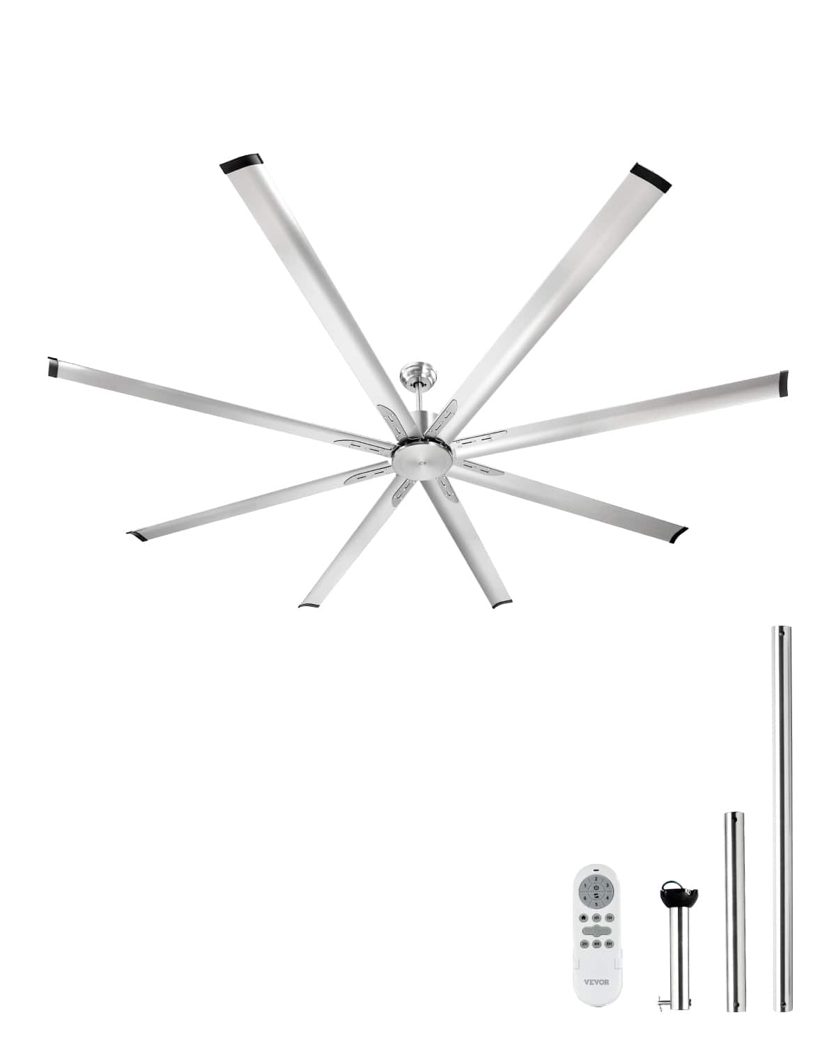VEVOR - 96 In Ceiling Fan without Light, 6-Speed Remote Control, Aluminum 8-Blade, Reversible DC Motor - Silver