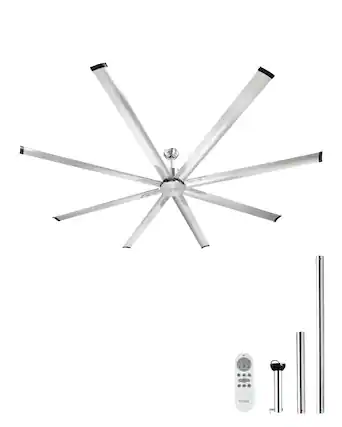 Front. VEVOR - 96 In Ceiling Fan without Light, 6-Speed Remote Control, Aluminum 8-Blade, Reversible DC Motor - Silver.
