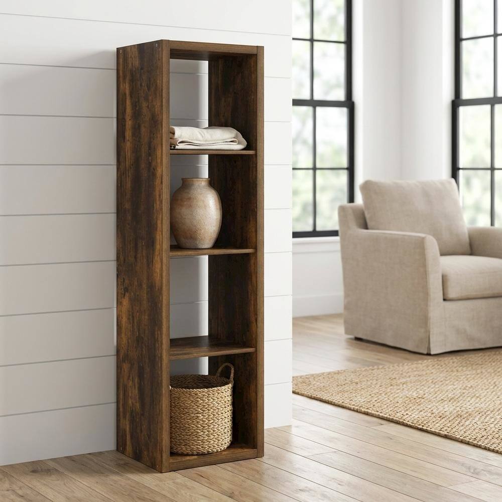 Angle. FurniFact - Wooden bookcase with open shelving for versatile storage - Amber Pine.