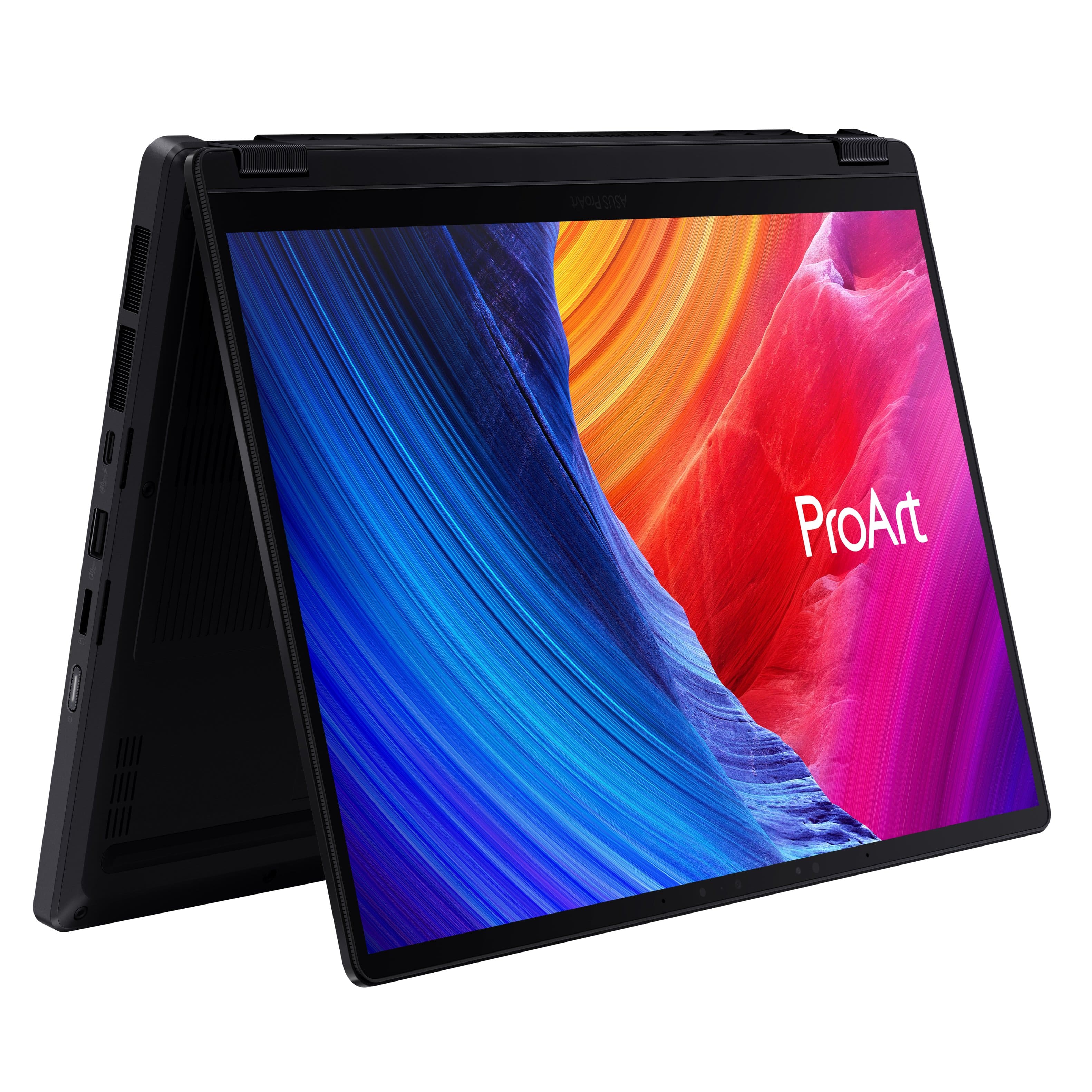 The image features a laptop computer with a colorful display, showcasing the brand ProArt. The laptop is open, revealing its vibrant screen. The ProArt laptop is designed for creative professionals, offering a powerful and visually appealing device for their work.
