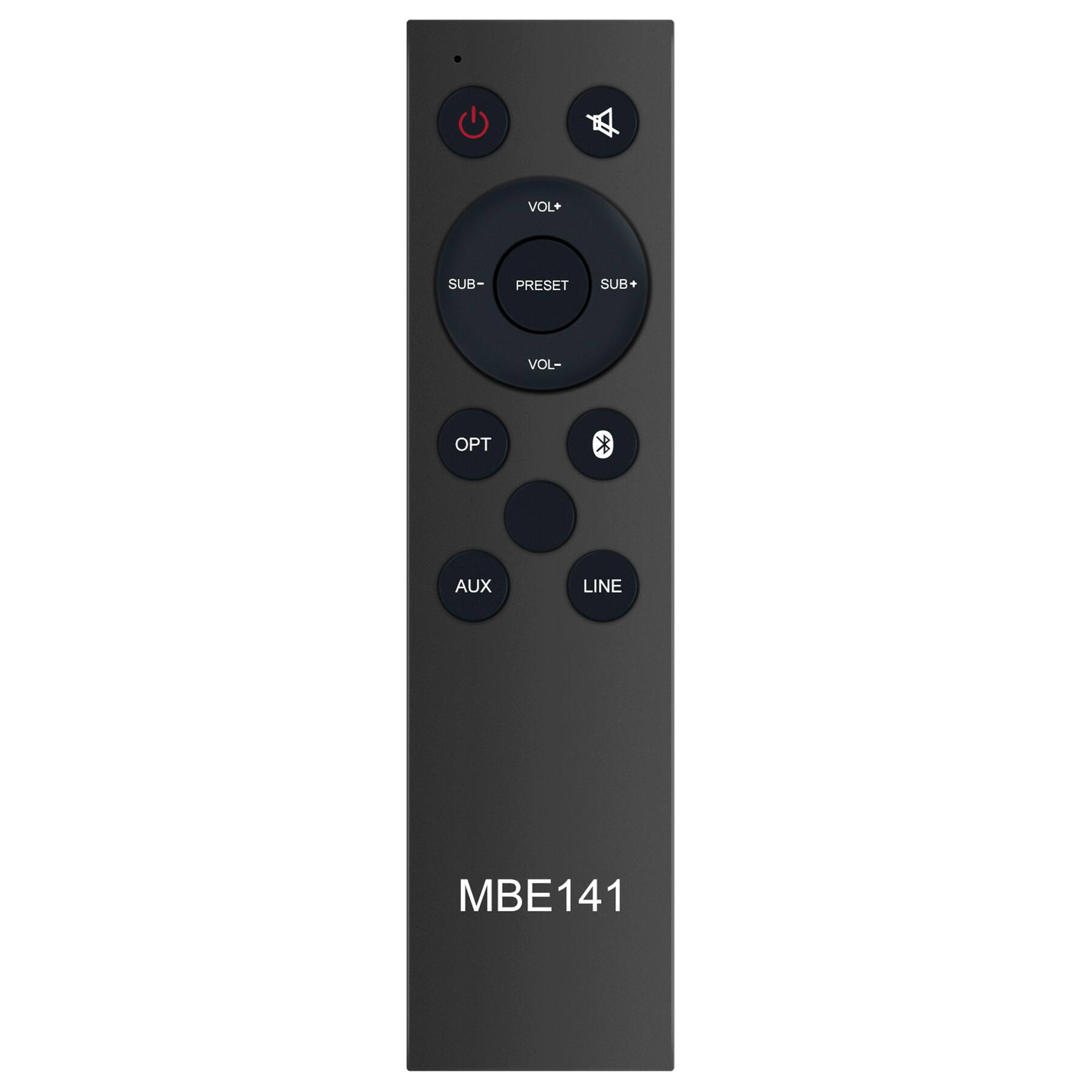 MBE141

- Power
- VOL+
- SUB+
- SET
- SUB-
- PRESET
- VOL-
- OPT
- AUX
- LINE