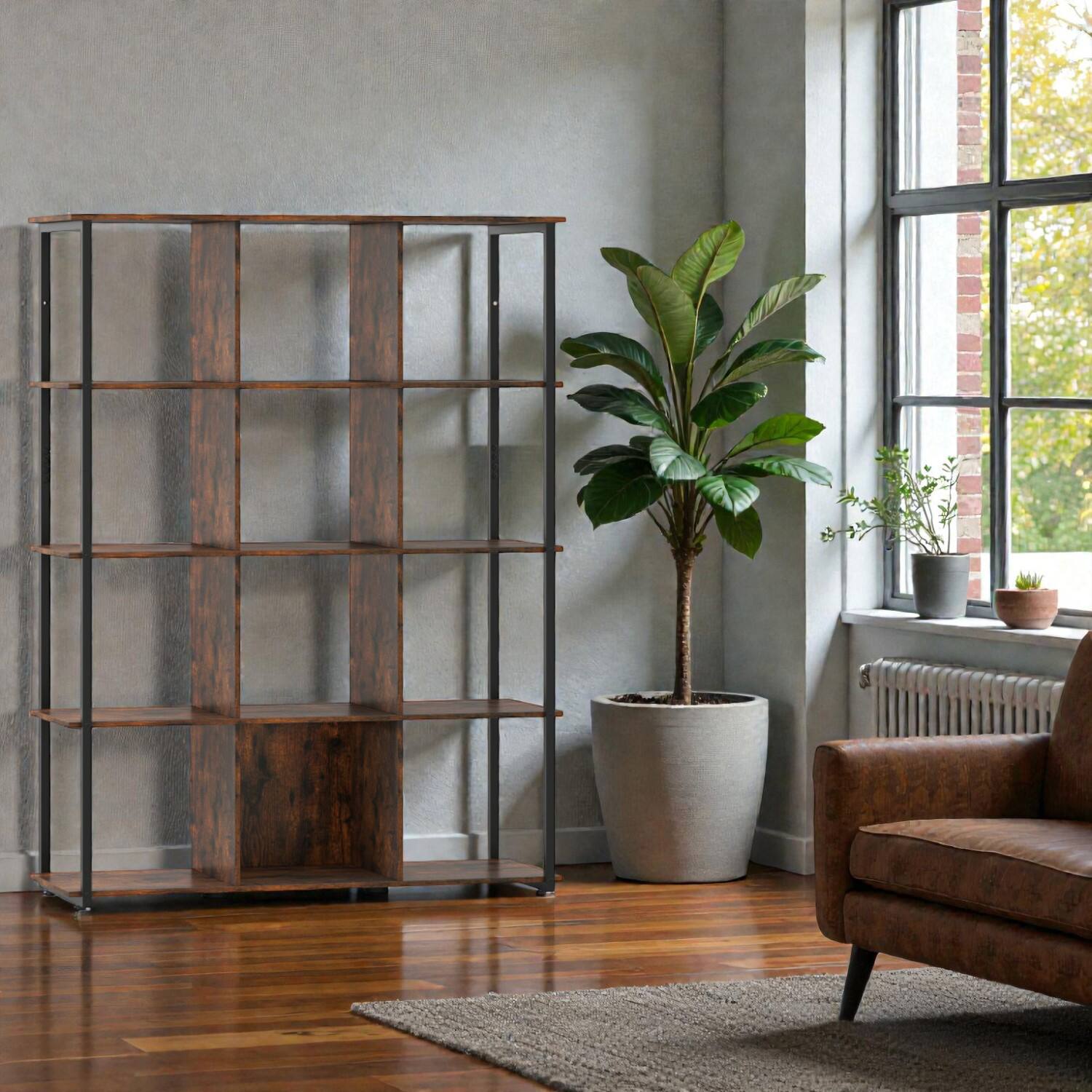 Front. Hivvago - Spacious 12-Cube Display Shelf with Wall Anchors for Secure Placement - Rustic Brown.
