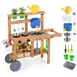 Costway - Mud Kitchen for Kids with Wheels, Removable Sink, Cooking and Gardening Accessories - Natural