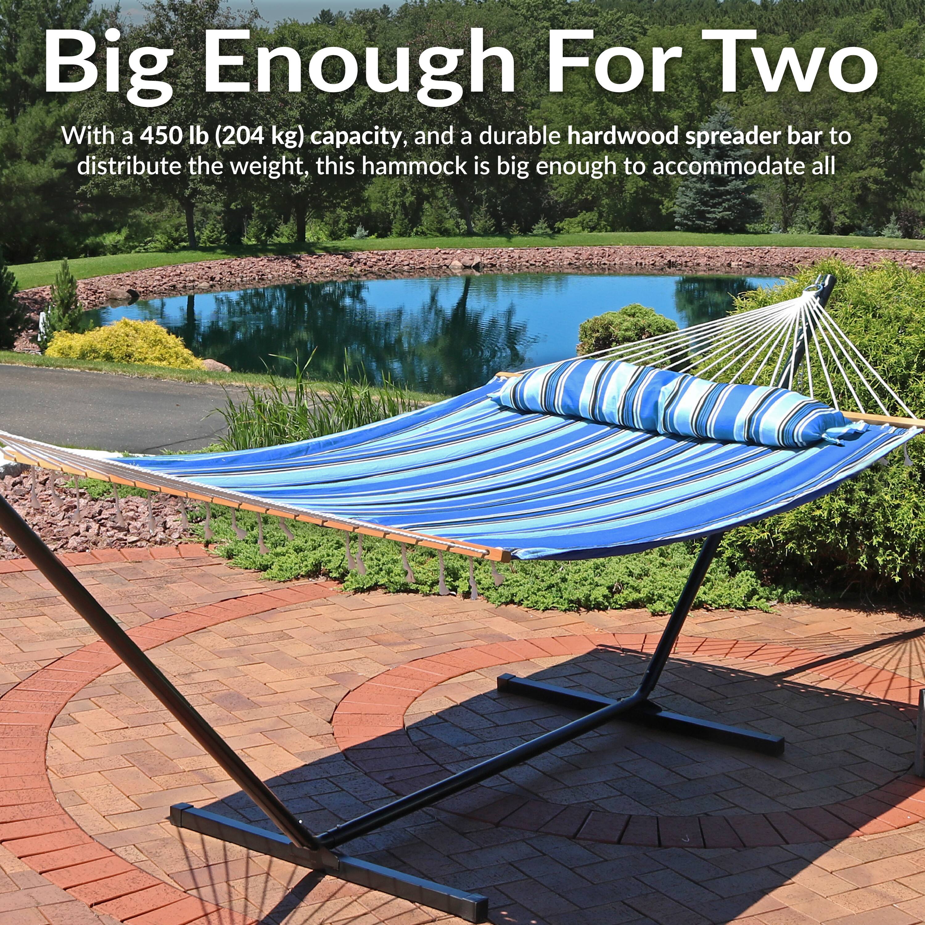 Big Enough For Two

With a 450 lb (204 kg) capacity, and a durable hardwood spreader bar to distribute the weight, this hammock is big enough to accommodate all.