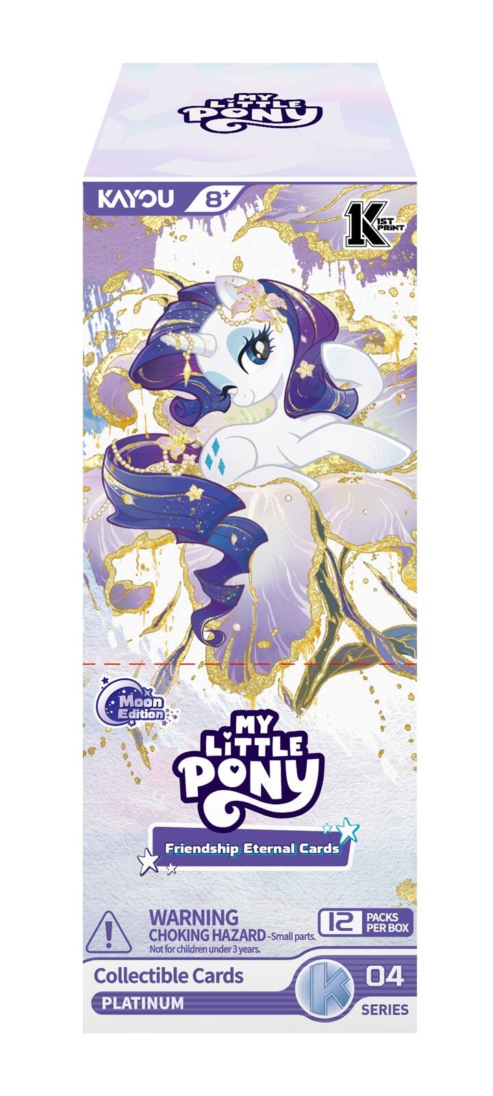 MY LITTLE PONY  
KAYOU  
8+  
K IST PRINT  
Moon Edition MY LITTLE Pony Friendship Eternal Cards  
WARNING: CHOKING HAZARD - Small parts. Not for children under 3 years.  
Collectible Cards  
04 PLATINUM K SERIES  
12 PACKS PER BOX