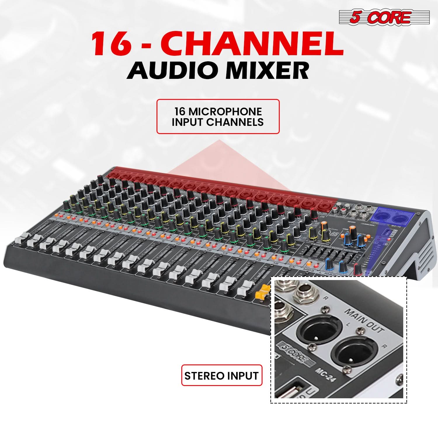 5 CORE Audio Mixer 16 Channel DJ Soundboard USB Interface