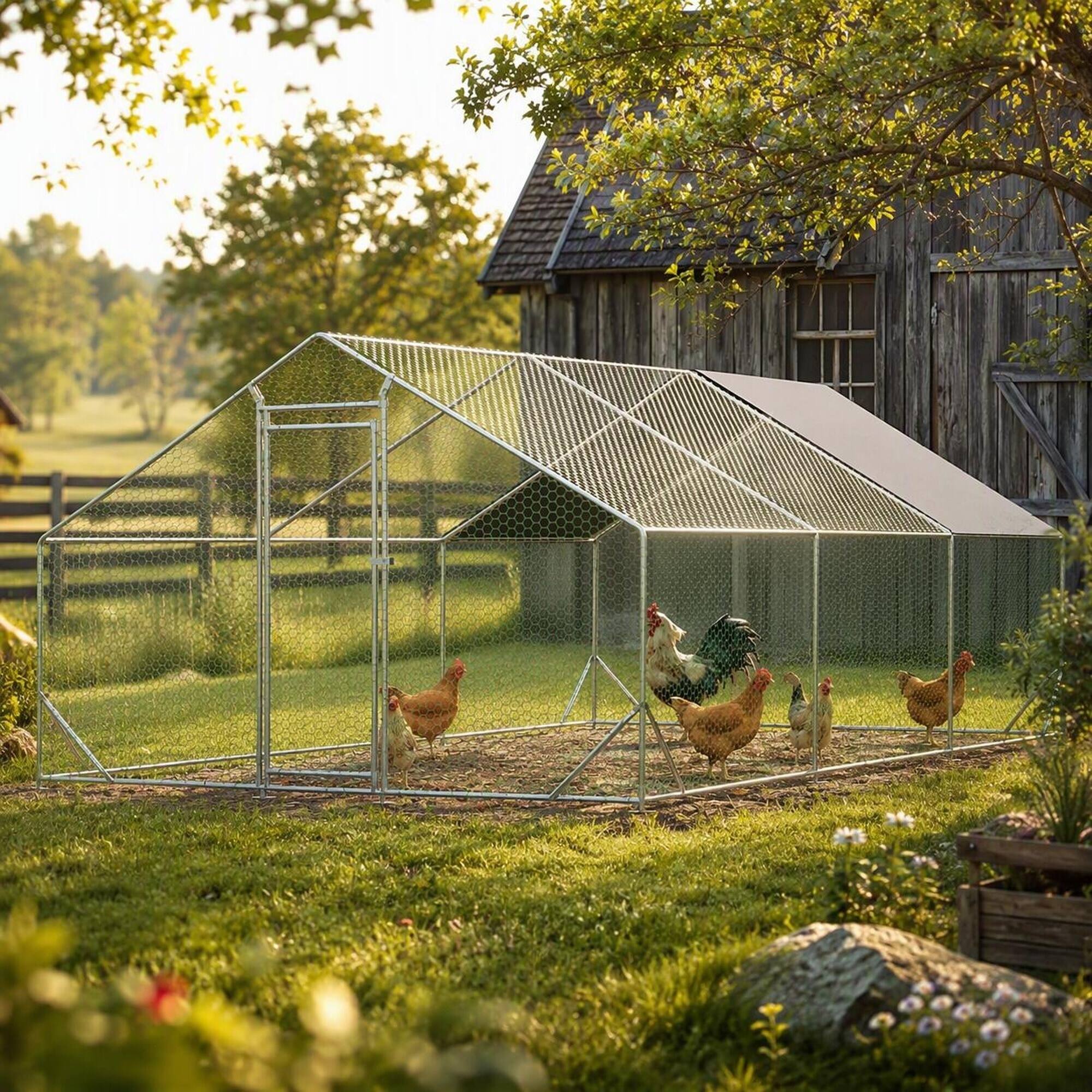 Back. RYHNUYNE - Large Metal Chicken Coop, Walk-in Chicken Run, Galvanized Wire Poultry Cage with Waterproof & Anti-UV Cover.