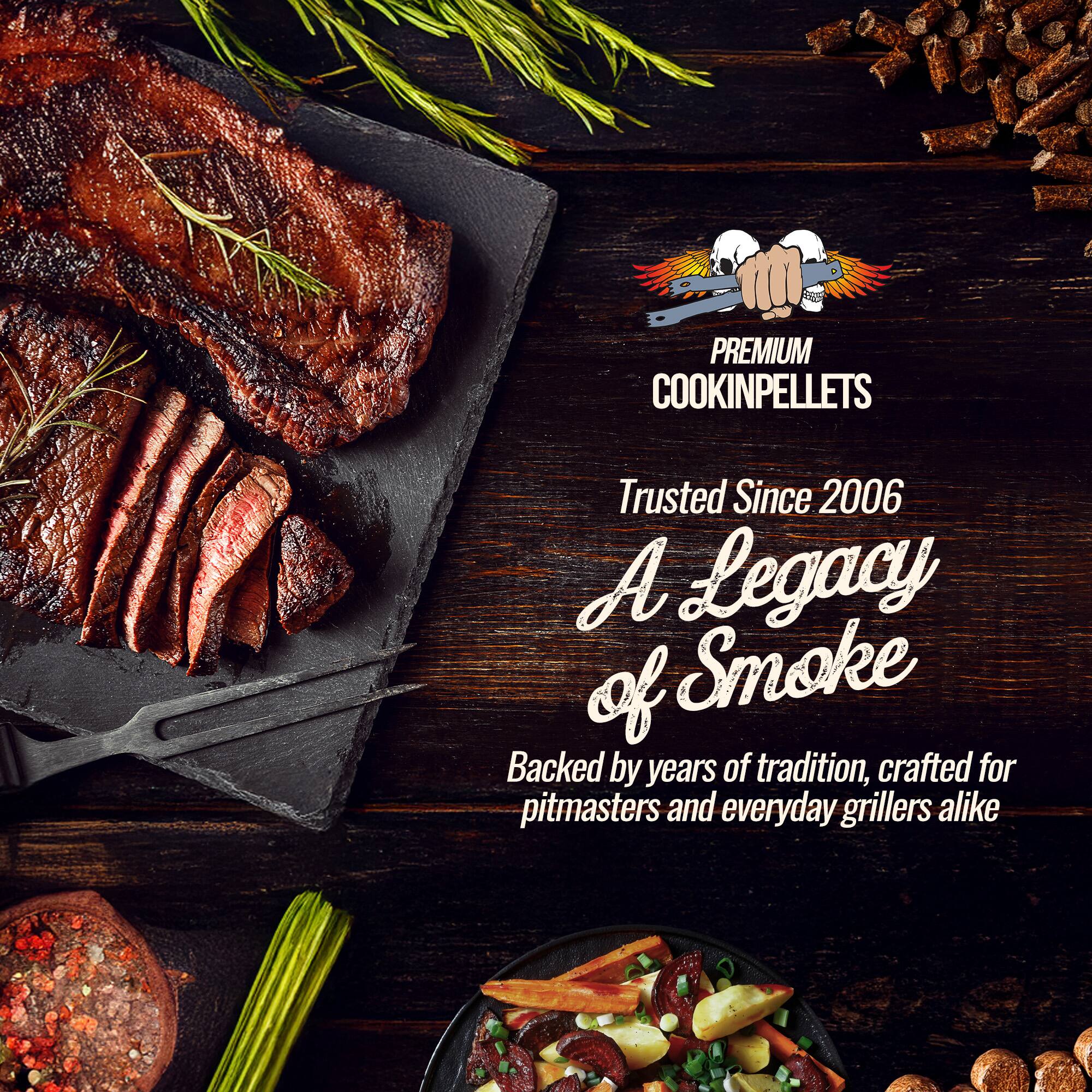 PREMIUM COOKINPELLETS  
Trusted Since 2006  
A Legacy of Smoke  
Backed by years of tradition, crafted for pitmasters and everyday grillers alike