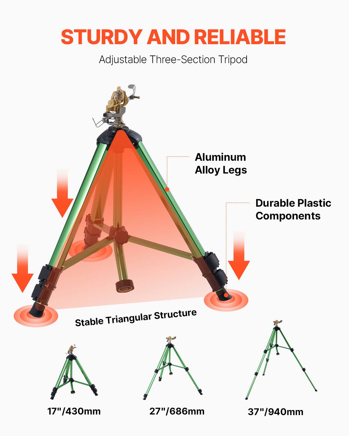 STURDY AND RELIABLE  
Adjustable Three-Section Tripod  
Aluminum Alloy Legs  
Durable Plastic Components  
Stable Triangular Structure  
17" / 430mm  
27" / 686mm  
37" / 940mm
