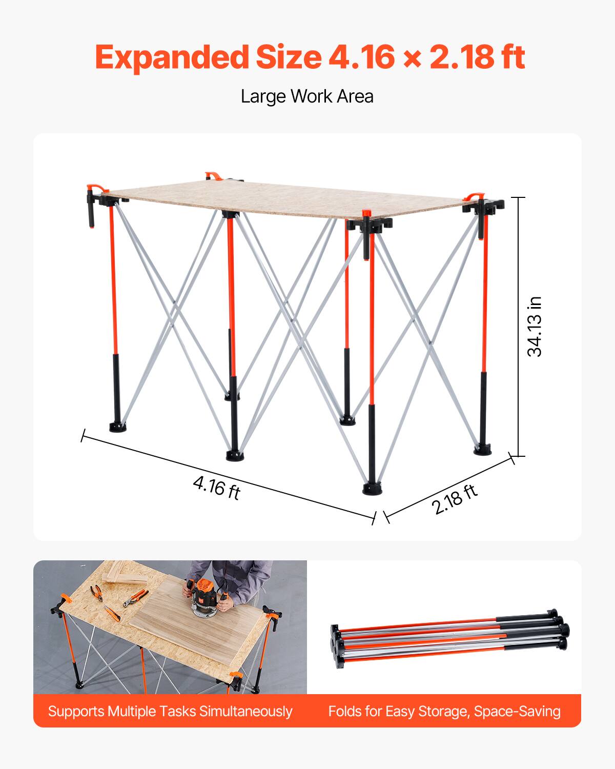 Expanded Size 4.16 x 2.18 ft  
Large Work Area  

Supports Multiple Tasks Simultaneously  

Folds for Easy Storage, Space-Saving