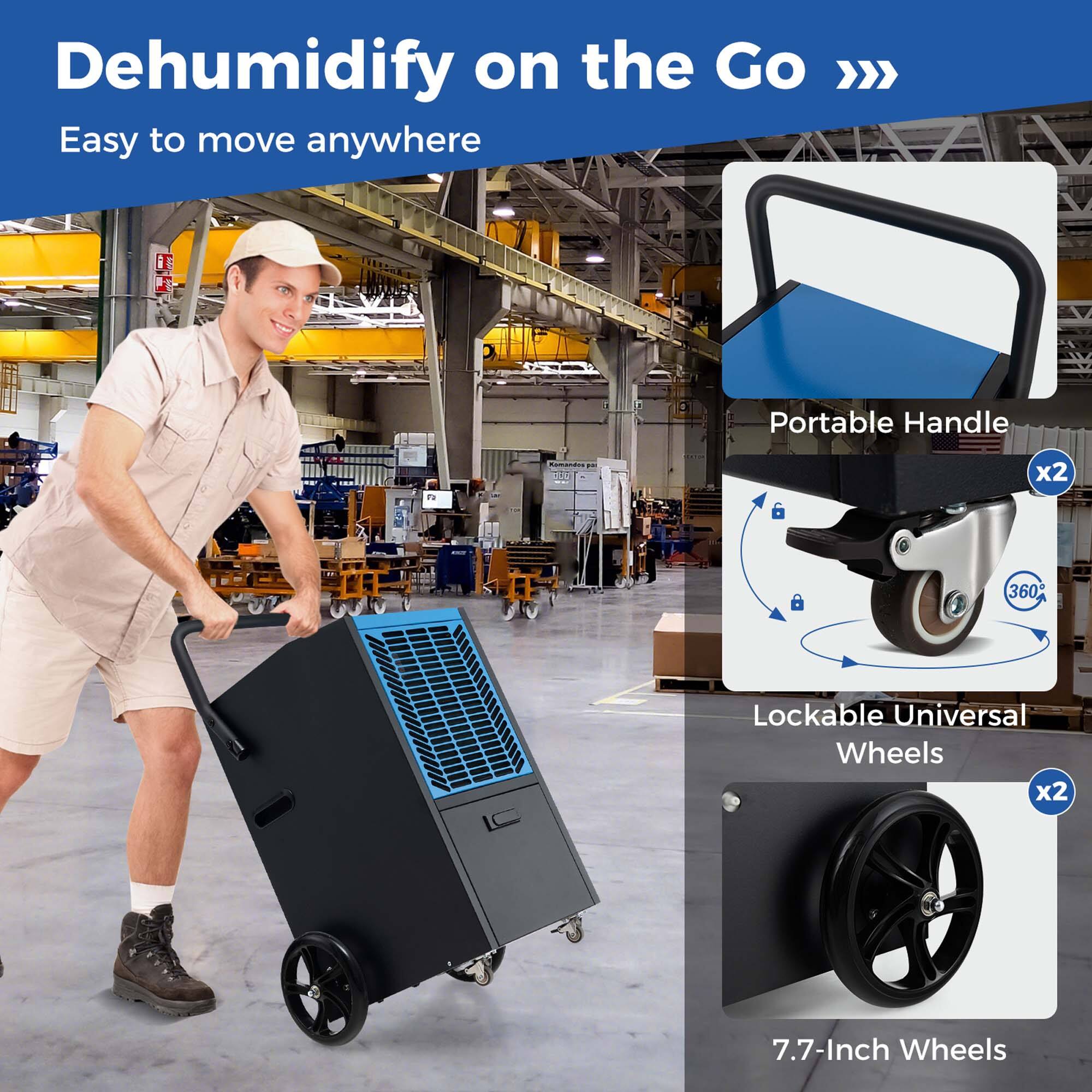 Dehumidify on the Go: Easy to move anywhere. Portable Handle. Lockable Universal Wheels x2. 7.7-Inch Wheels.