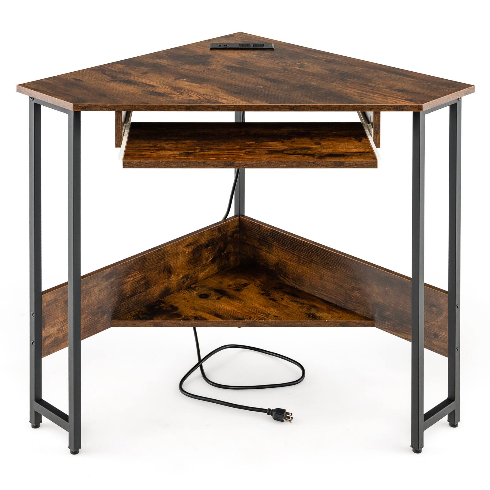 Front. Ecooso - Triangle Corner Desk with Charging Station, Keyboard Tray and Storage Shelf for Home Office - Rustic Brown.