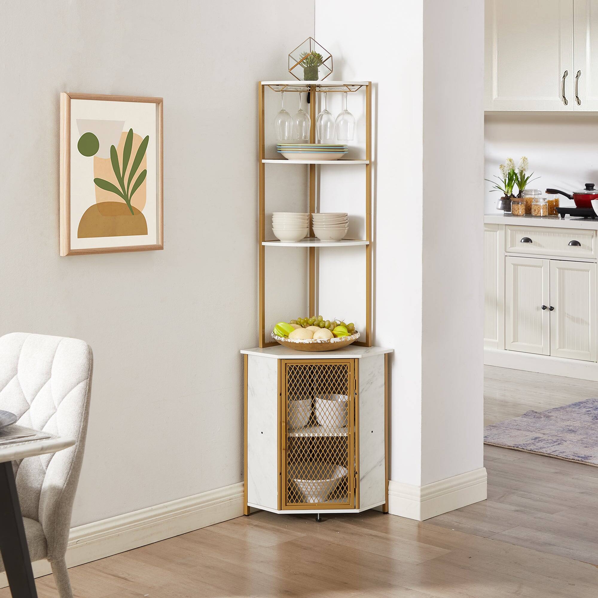 Alt View 2. Vecelo - Rustic Triangle Corner Shelf with Cabinet, 4-Tier Corner Storage Unit & Glass Holders for Living Room & Bedroom - Gold.