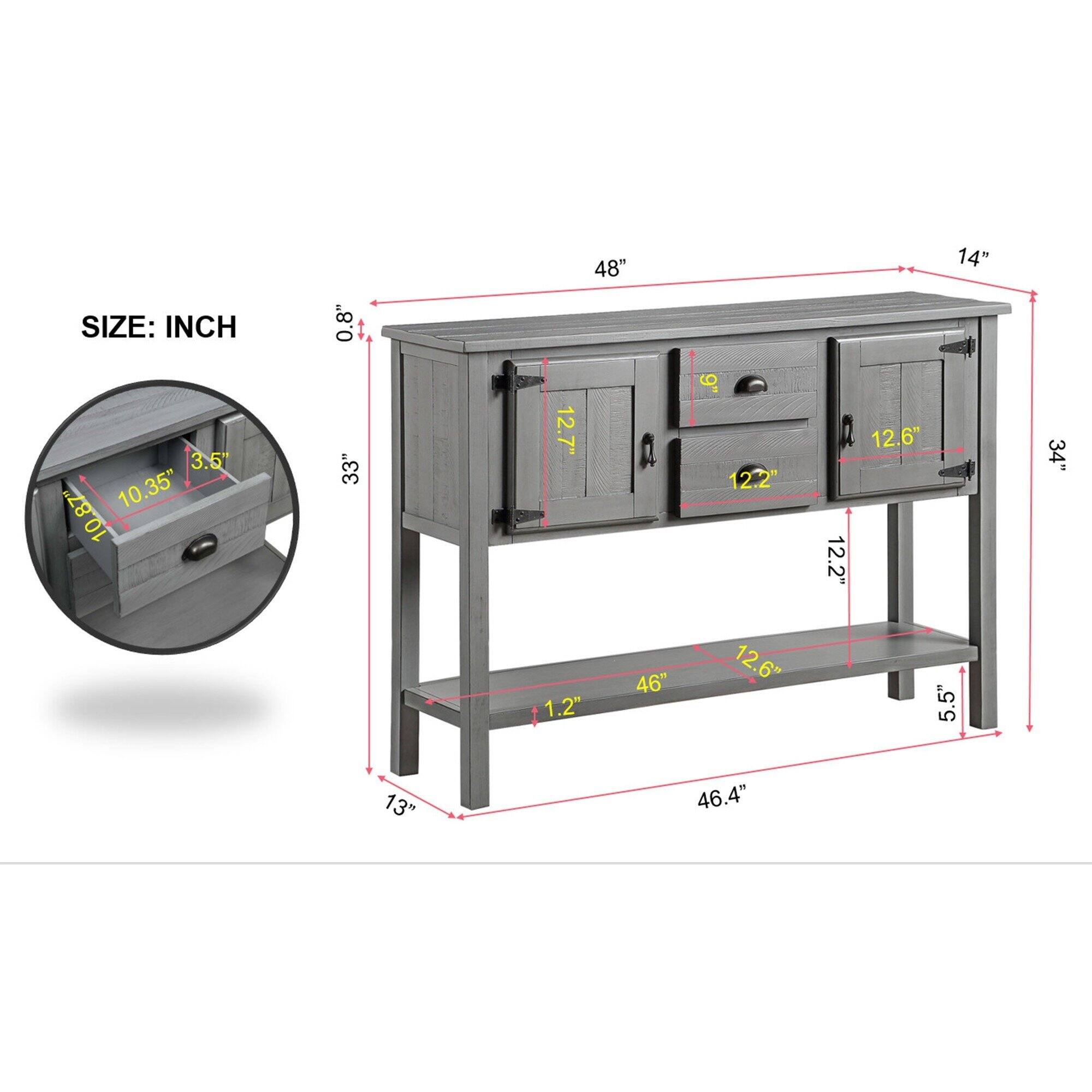 Sure, here is the corrected and grouped text from the image:

**SIZE: INCH**

- **Top Surface:**
  - Length: 48"
  - Width: 14"
  - Height: 0.8"

- **Drawer Dimensions:**
  - Width: 12.2"
  - Height: 9"
  - Depth: 12.7"

- **Shelf Dimensions:**
  - Width: 46"
  - Height: 1.2"
  - Depth: 12.6"

- **Overall Dimensions:**
  - Width: 46.4"
  - Depth: 34"
  - Height: 33"

- **Additional Dimensions:**
  - 10.35"
  - 10.87"
  - 10"
  - 12.6"
  - 5.5"
  - 13"
  - 5.5"
  - 12.6"
  - 12.2"
  - 12.2"
  - 12.6"
  - 34"
  - 1"
  - 1.2