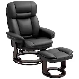 Homcom - Swivel Recliner w/Ottoman: PU Leather Adjustable Backrest Footrest Wood Base - Black