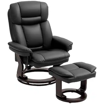 Front. Homcom - Swivel Recliner w/Ottoman: PU Leather Adjustable Backrest Footrest Wood Base - Black.