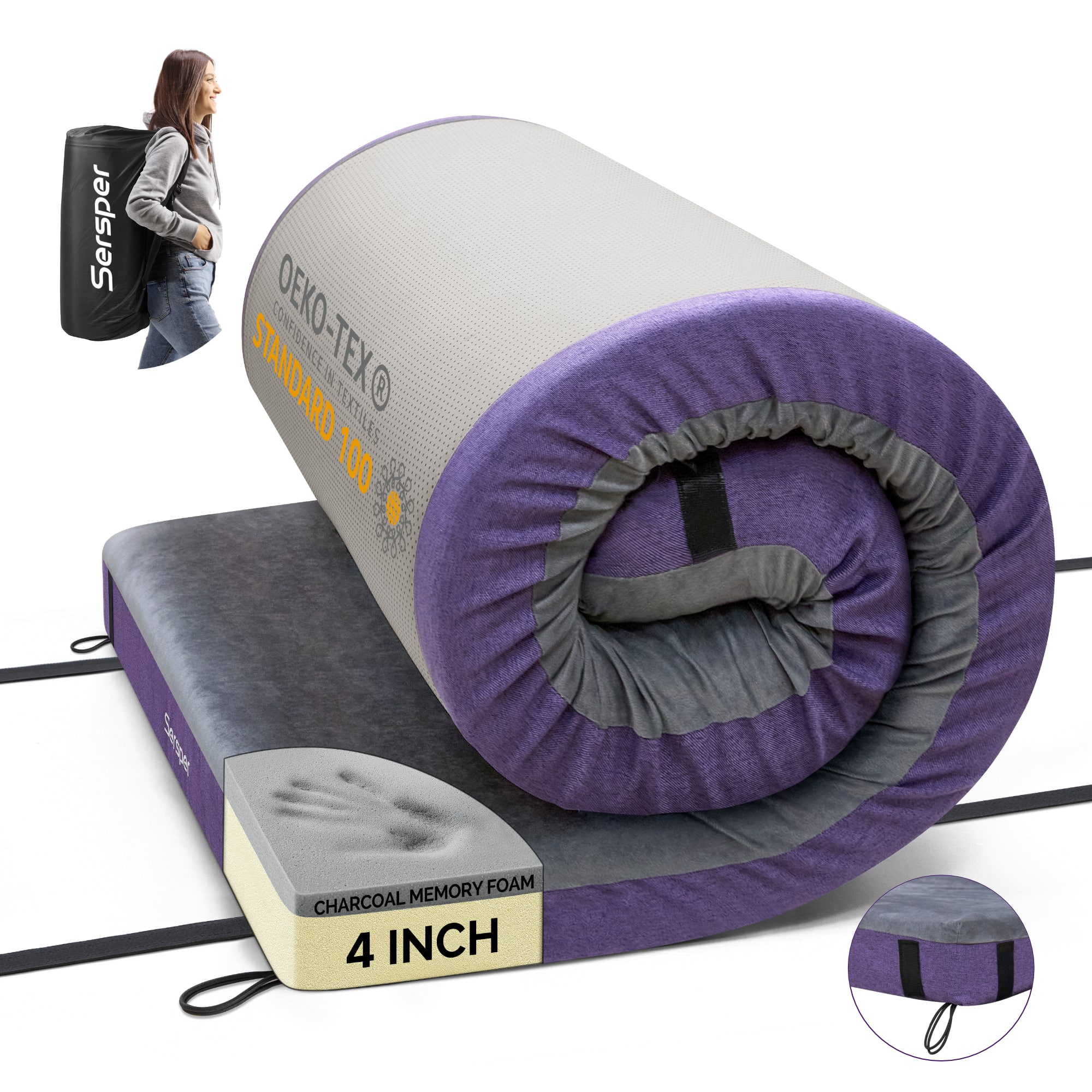 Sersper - 4 in. Outdoor Mattress for Camping and RV with Side Pocket,Waterproof,Portable,Folding - Purple&White
