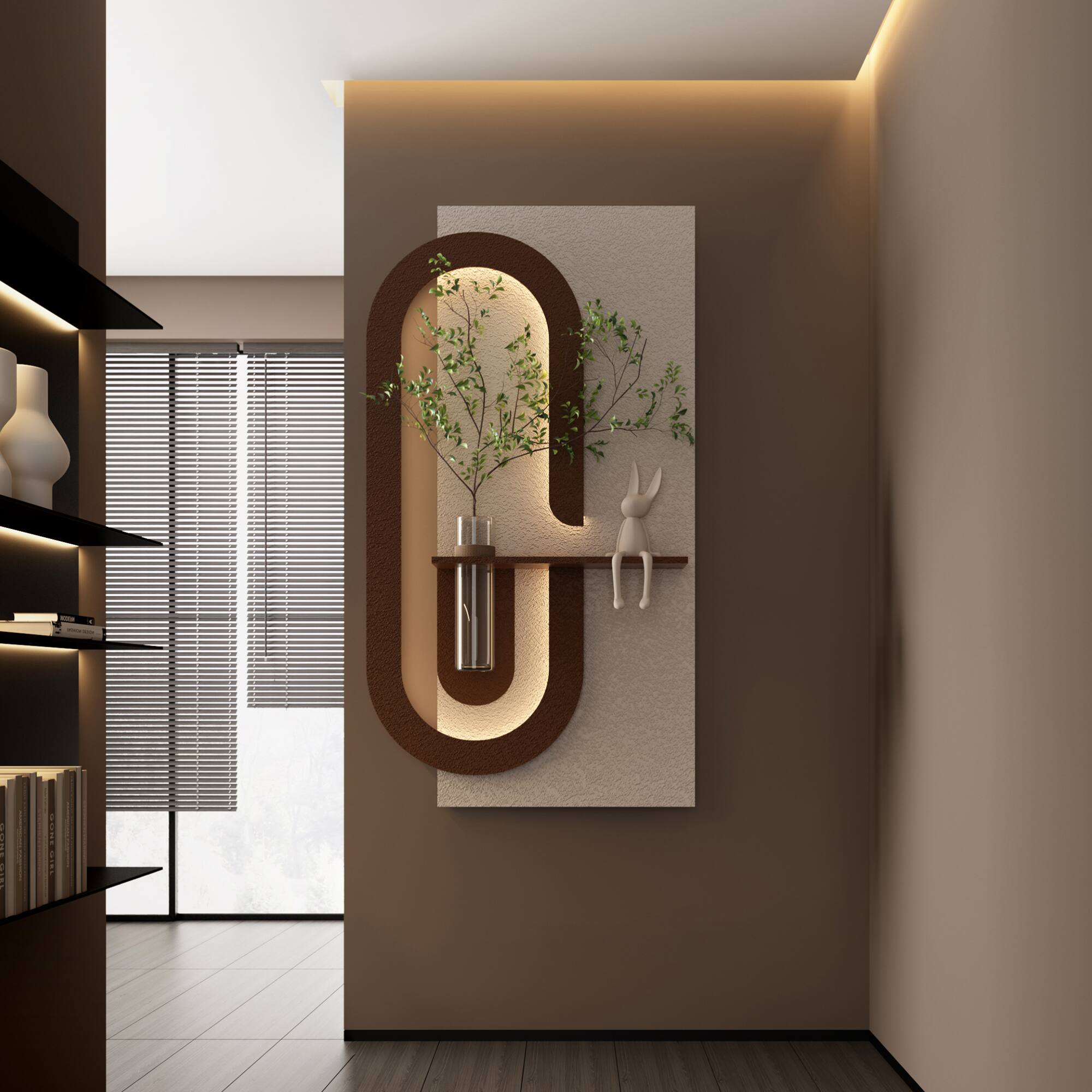 Back. GOODSILO - Adjustable LED Sandstone Wall Decor with Simulated Plants and Glass Vase - Remote Control Light Strips for Home Decor - Light Coffee.