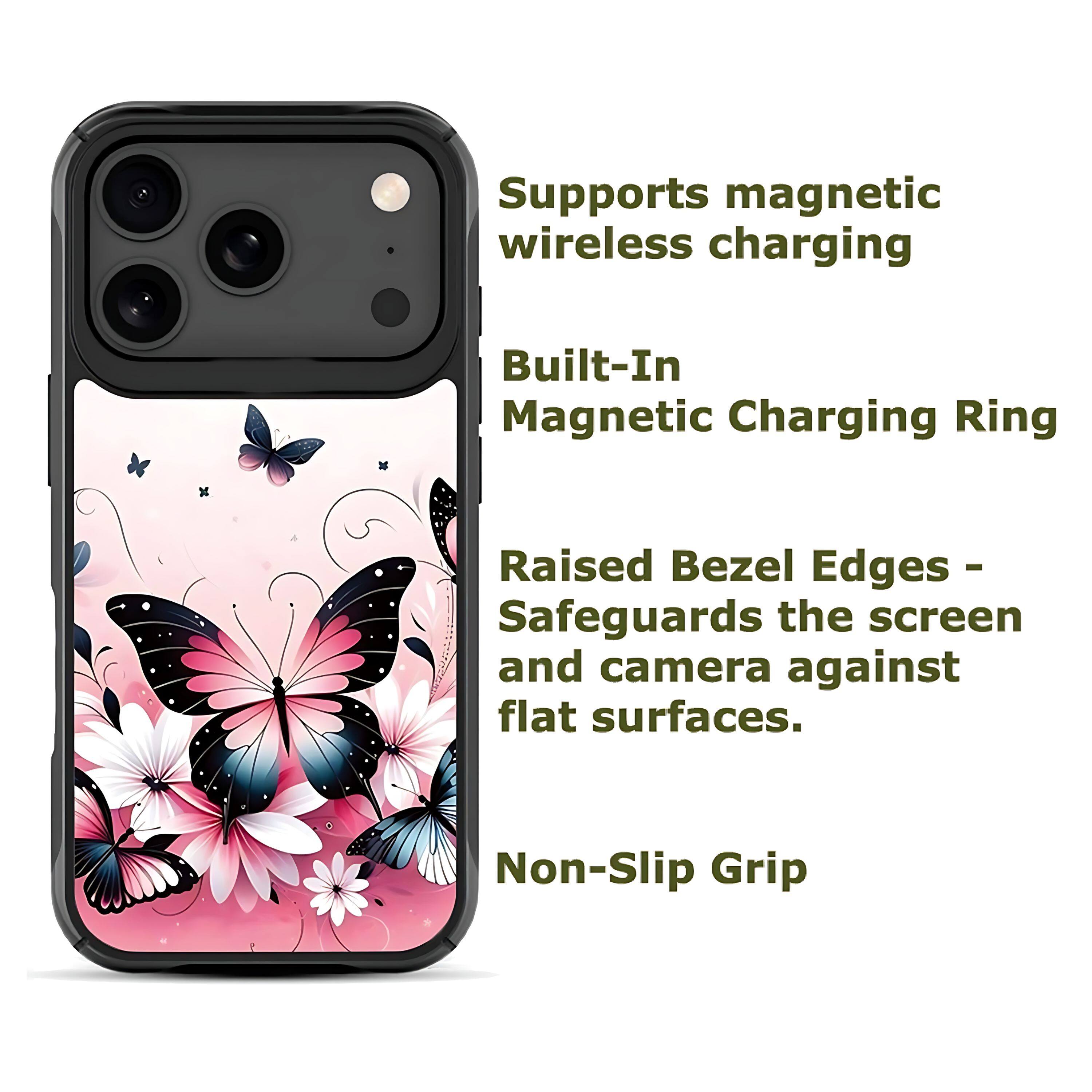 - Supports magnetic wireless charging
- Built-In Magnetic Charging Ring
- Raised Bezel Edges - Safeguards the screen and camera against flat surfaces.
- Non-Slip Grip