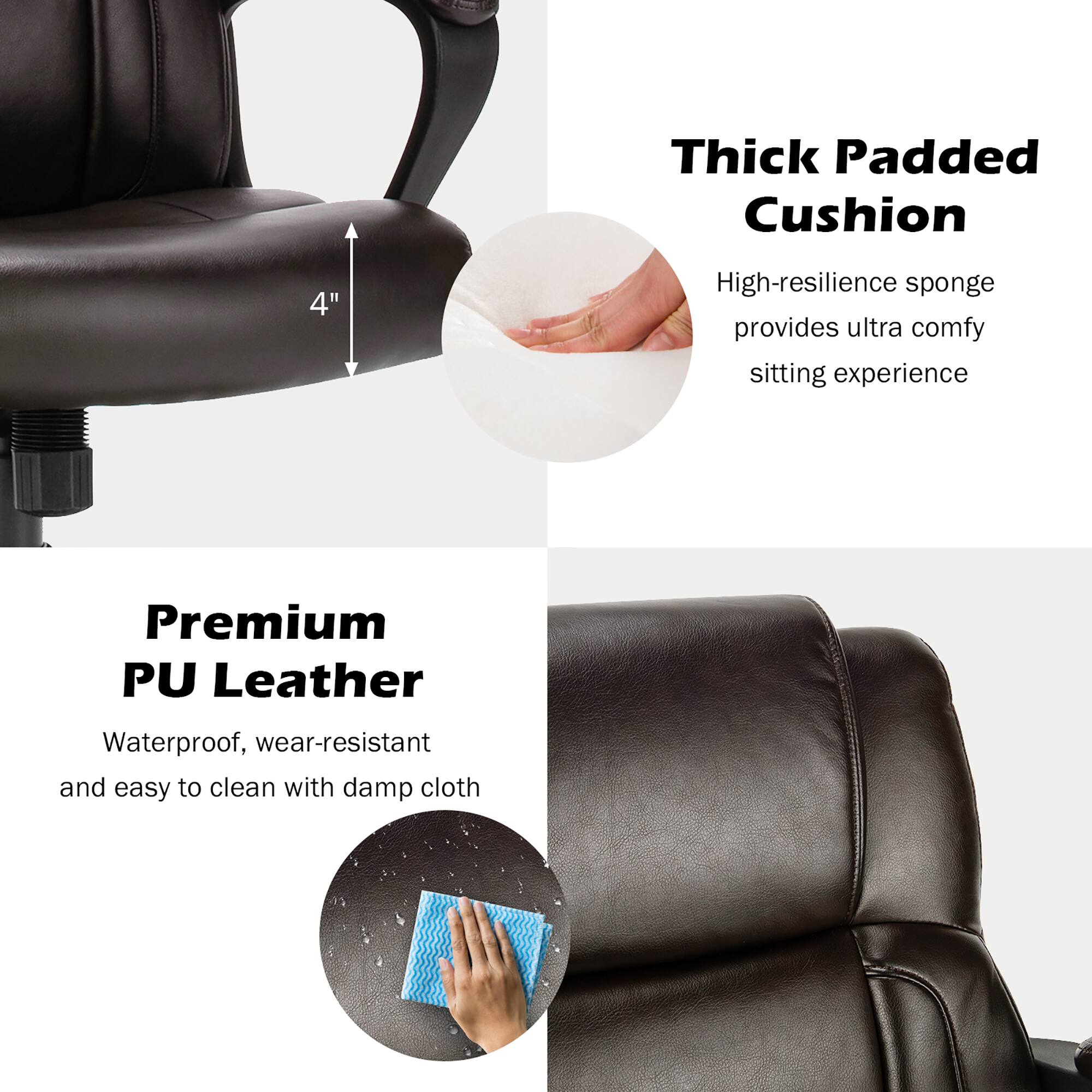 The text on the image is grouped and corrected as follows:

1. Thick Padded Cushion: High-resilience sponge provides ultra comfy sitting experience.
2. Premium PU Leather: Waterproof, wear-resistant and easy to clean with damp cloth.