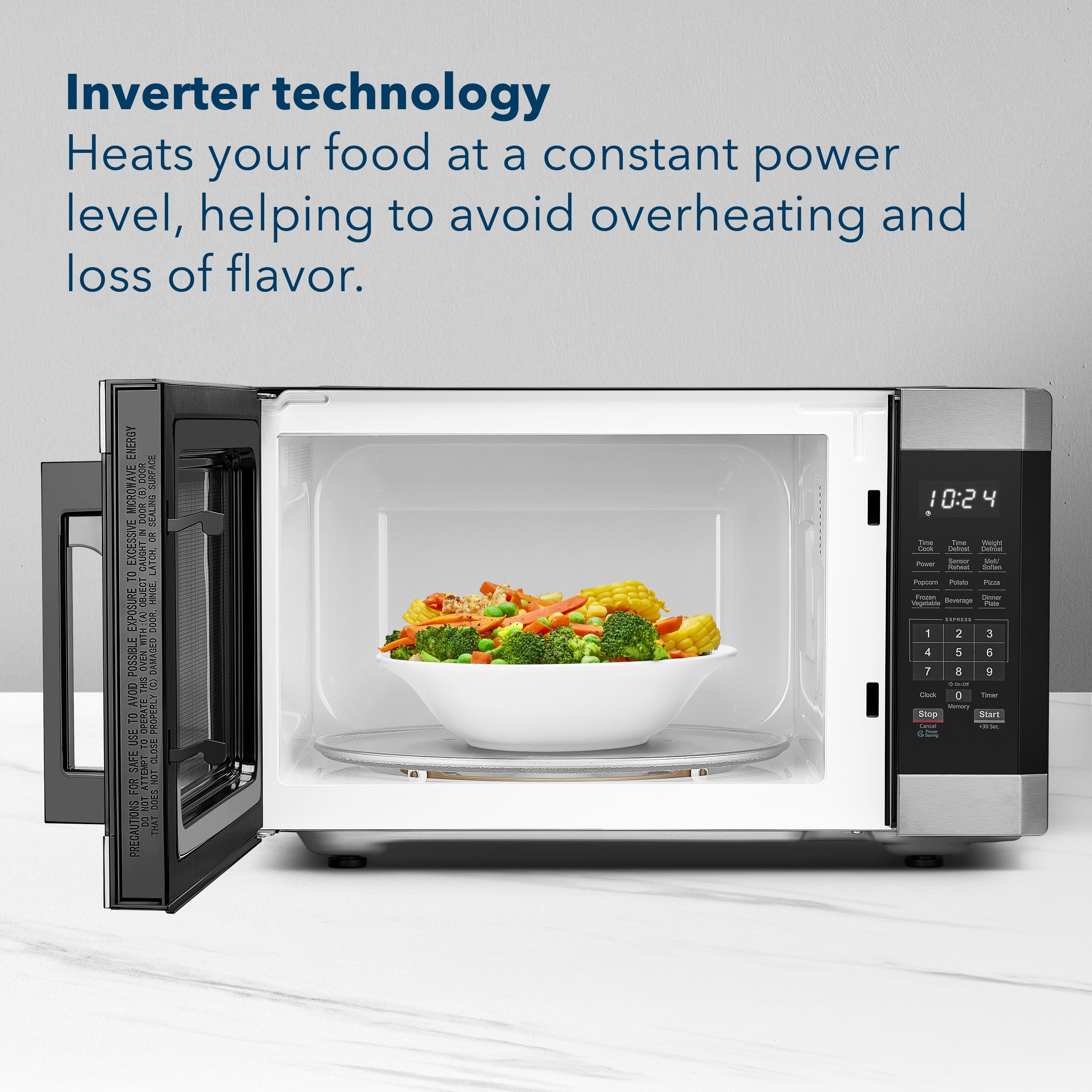 Inverter technology heats your food at a constant power level, helping to avoid overheating and loss of flavor. Energy-efficient surface microwave cooking ensures excessive heat is not caught by the object, reducing the risk of damage or exposure to harmful radiation. To ensure proper operation, always use the microwave with the door closed and follow the manufacturer's precautions.