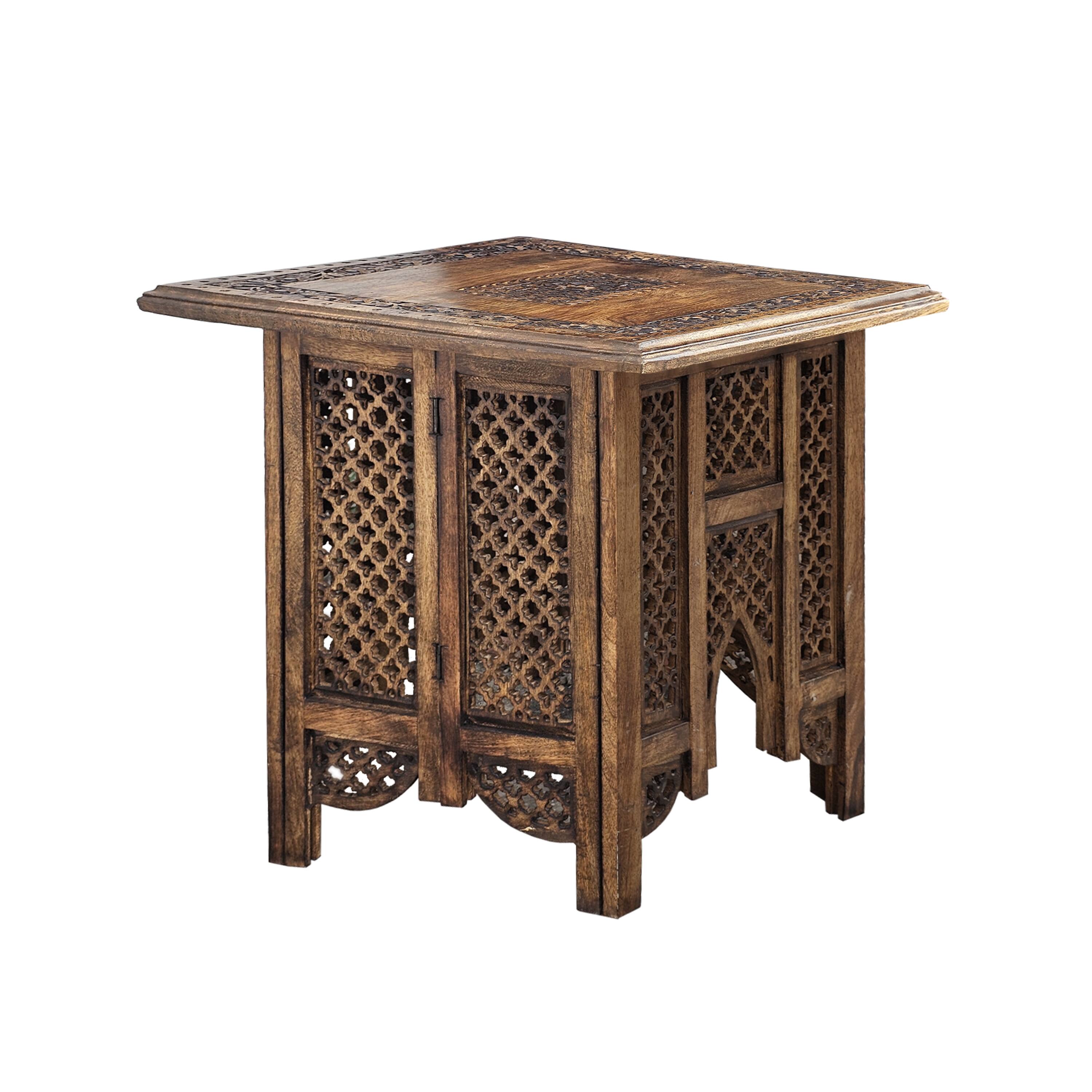 Front. Manhattan Lane - 21 Inch Boho Side End Table, Floral Carved Details, Foldable Panel Legs - Brown.