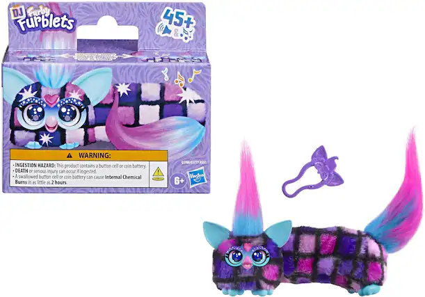 DJ Furby Furblets 45+ & WARNING: INGESTION HAZARD: This product contains a button cell or coin battery. DEATH or serious injury can occur if ingested. A swallowed button cell or coin battery can cause Internal Chemical Burns in as little as 2 hours. G1780/G1777 ASST. Hashr 6+