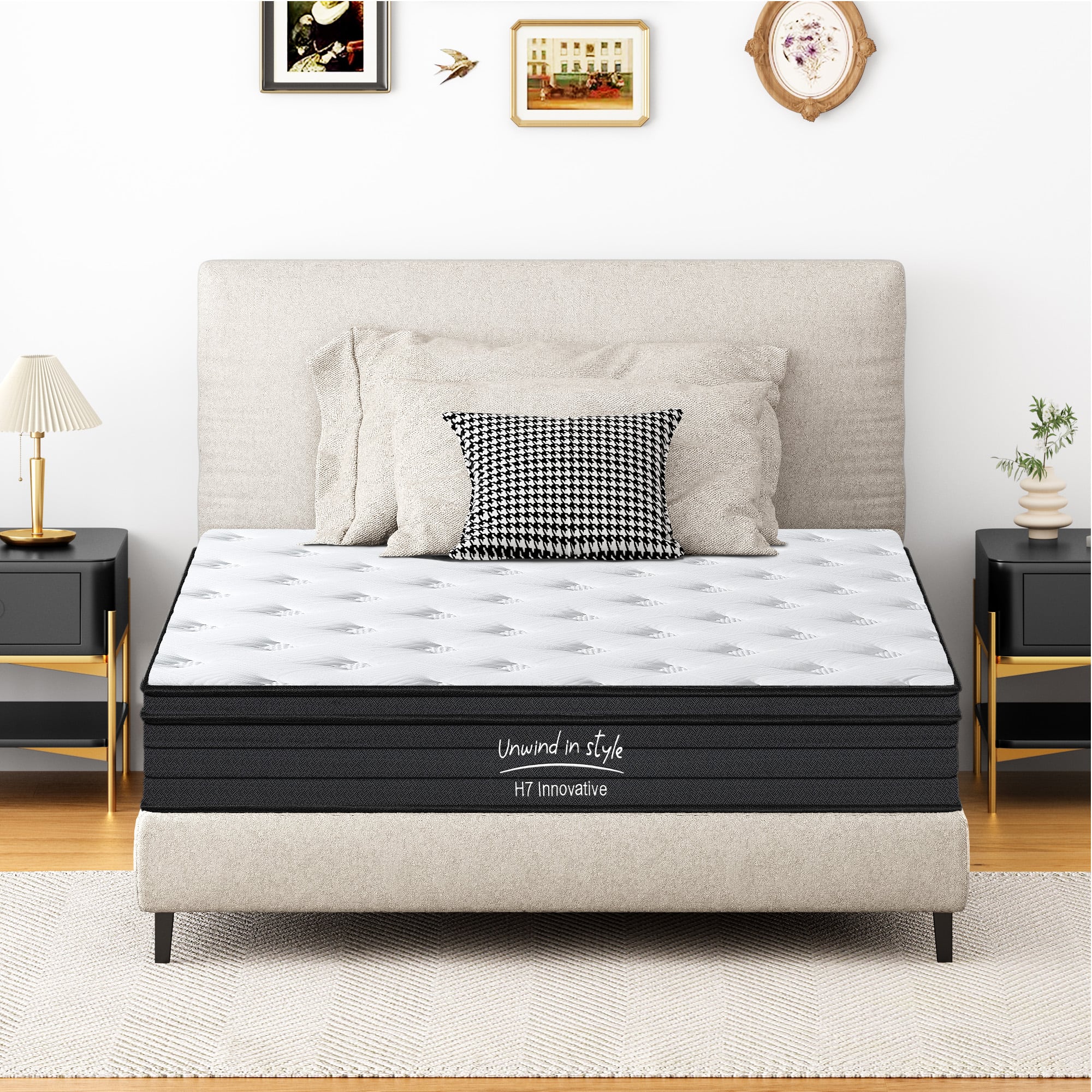 Glintex - 10-Inch Full Hybrid Mattress with Cooling Gel Memory Foam and Pocket Springs, Medium Firm, Bed in a Box - White